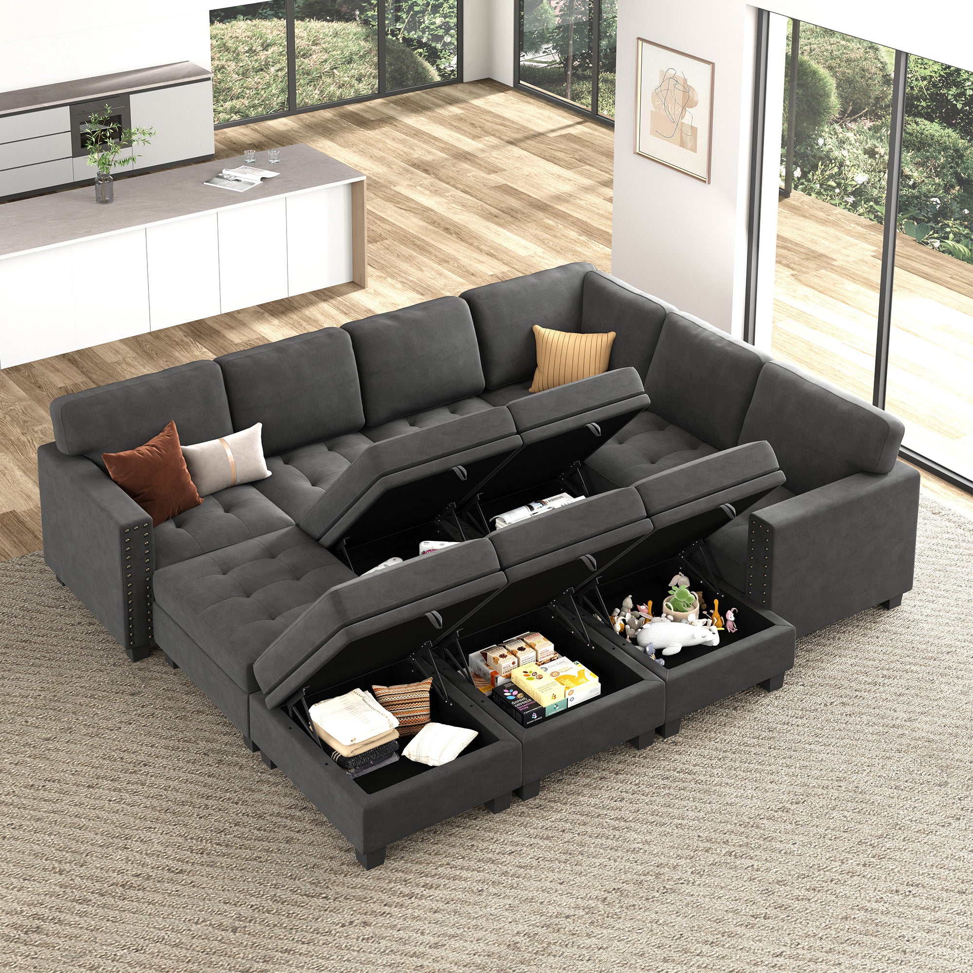 HONBAY Wraparound Modular Sofa 12-Seat With 5-Storage Space+1-Left Arm+1-Right Arm #Color_Grey