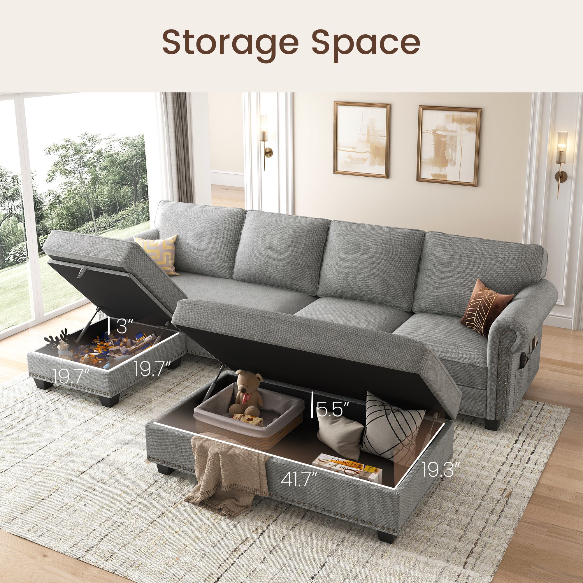 NOLANY Convertible Sectional Sofa 4-Seat with Reversible Chaise L Shaped Couch with Storage Ottoman for Living Room Furniture