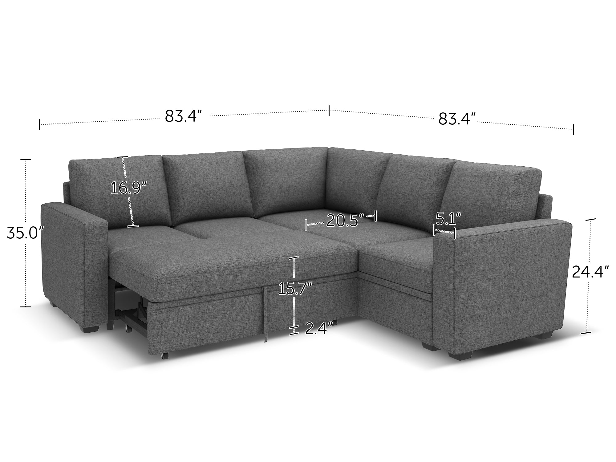 HONBAY 5-Piece Polyester Modular Sleeper Sectional With Storage Space #Color_Dark Grey