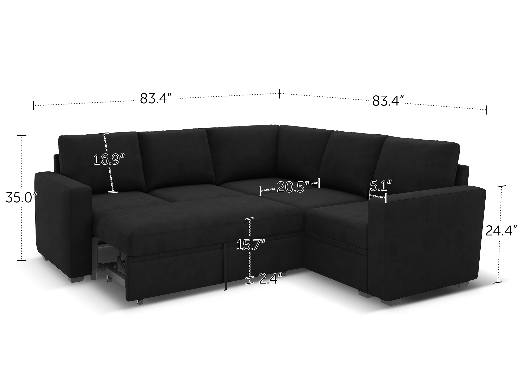 HONBAY 5-Piece Velvet Modular Sleeper Sectional With Storage Space With Dimensions
#Color_Black Style I