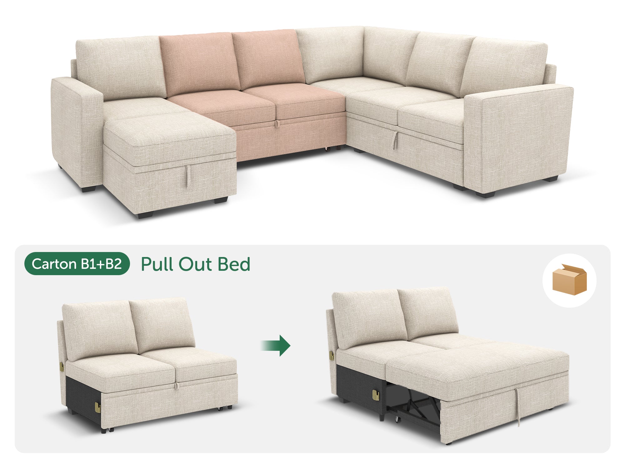 HONBAY 1 Piece Modular Sectional Pull Out Bed #Color_Beige