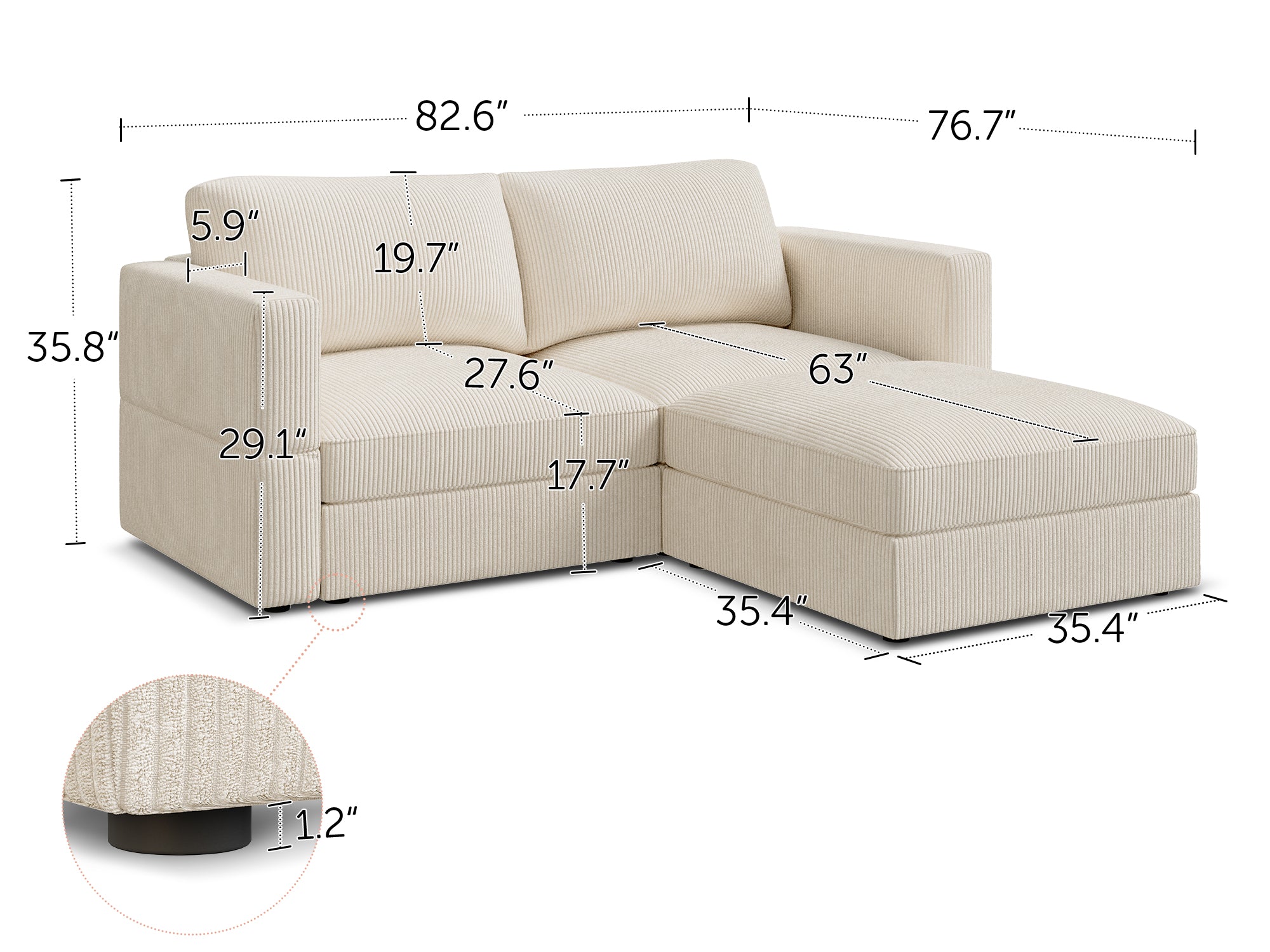 3-Piece Corduroy Modular Sectional Cloud Sofa With Oversized Storage Seat