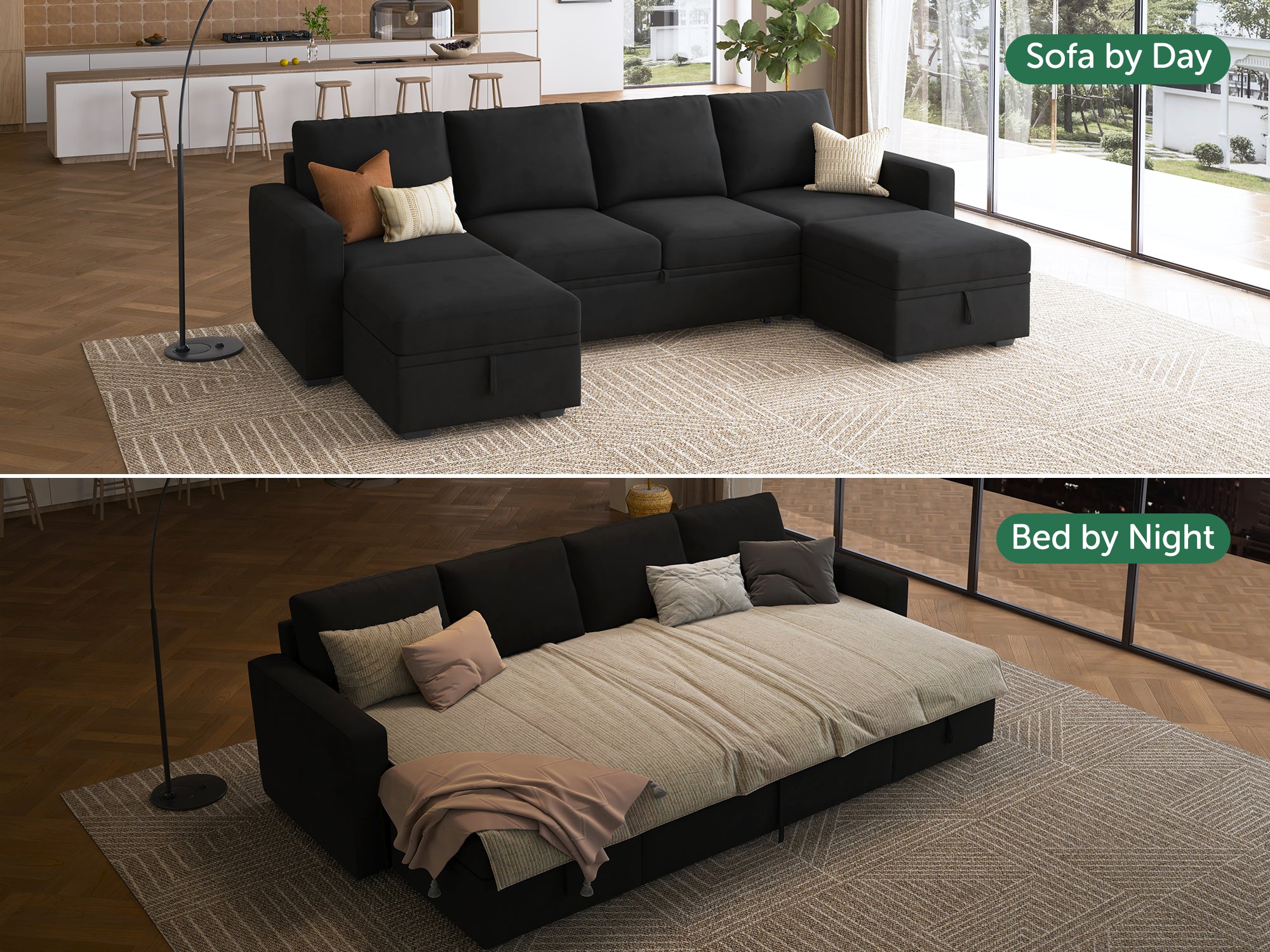 HONBAY Sleep Modular Sofa 6-Seat Sofa Bed with 4-Storage Space #Color_Velvet Black