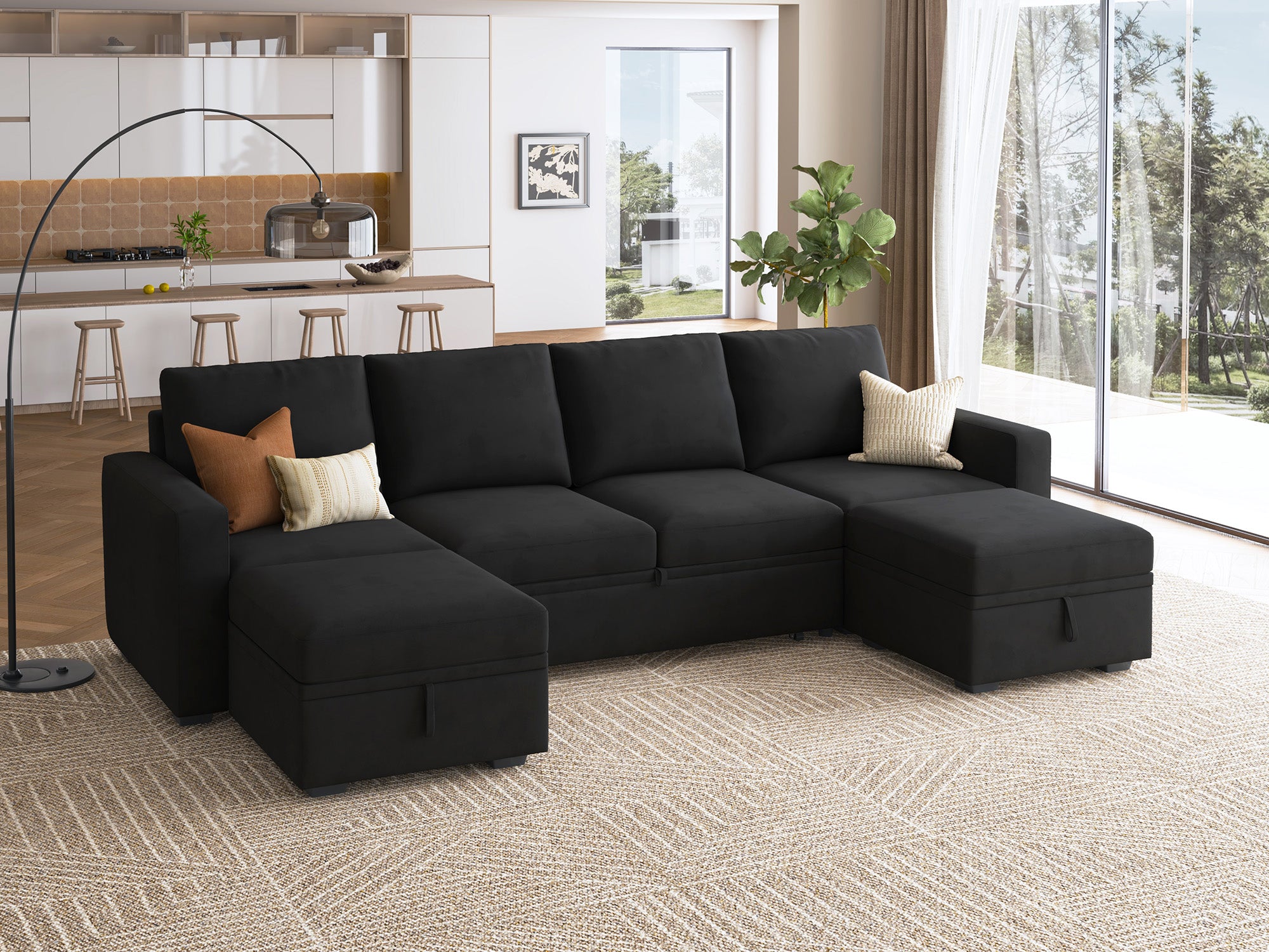 HONBAY Sleep Modular Sofa 6-Seat Sofa Bed with 4-Storage Space #Color_Velvet Black