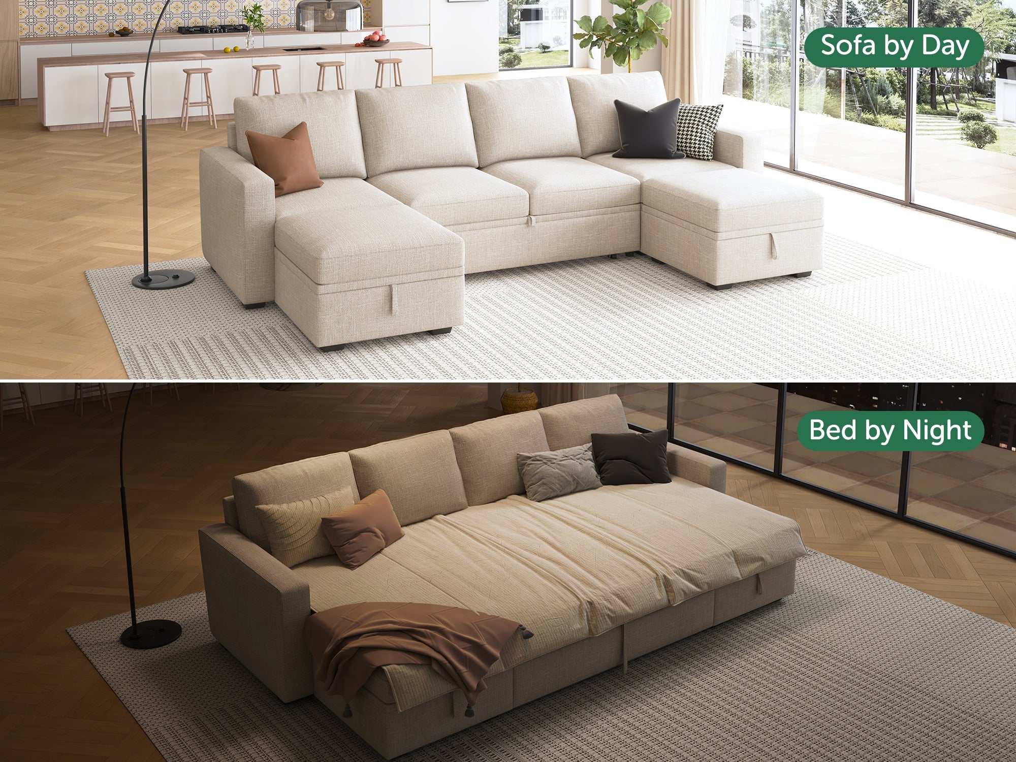 HONBAY Sleep Modular Sofa 6-Seat Sofa Bed with 4-Storage Space #Color_Beige