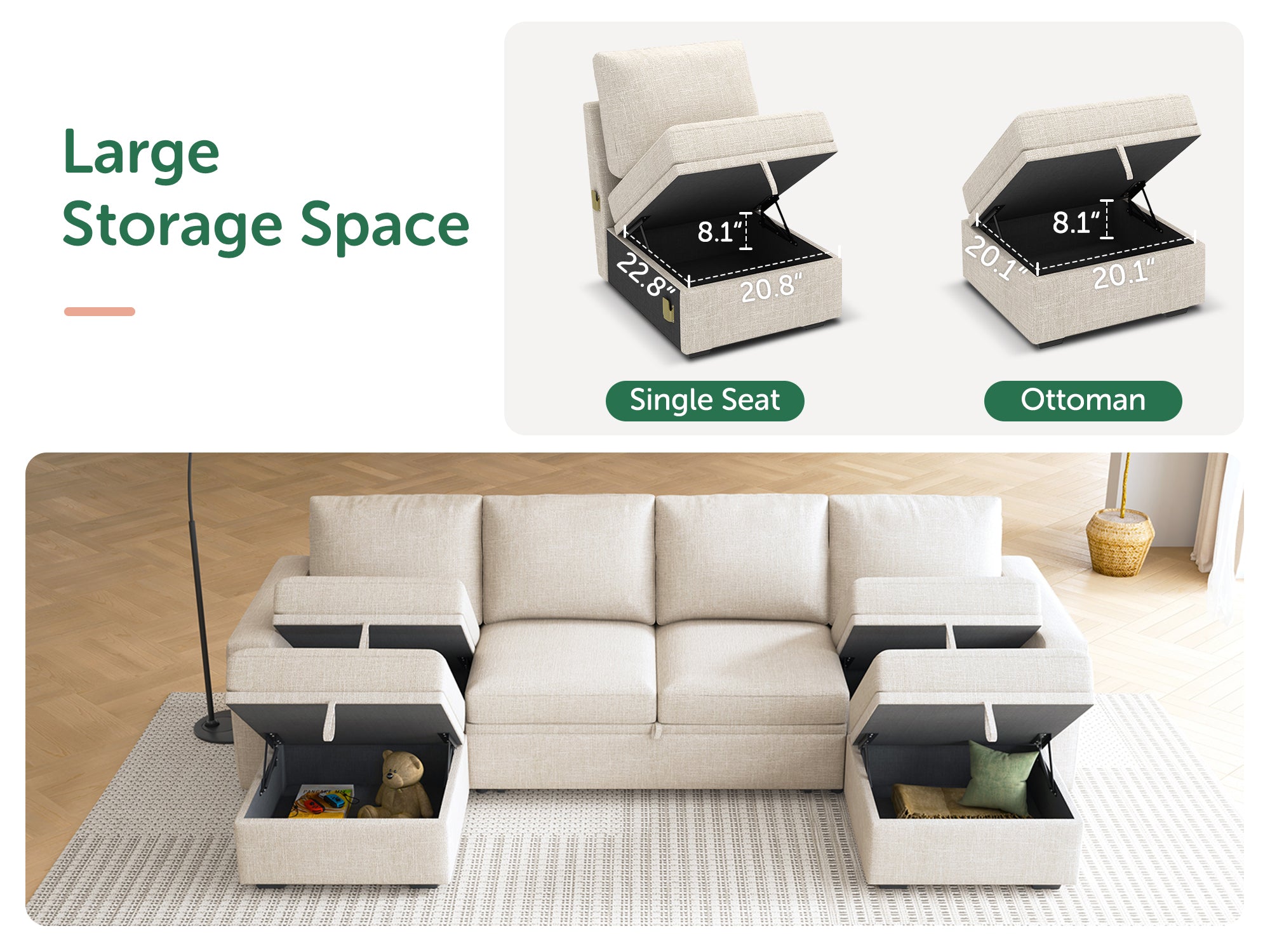 HONBAY Sleep Modular Sofa 6-Seat Sofa Bed with 4-Storage Space #Color_Beige