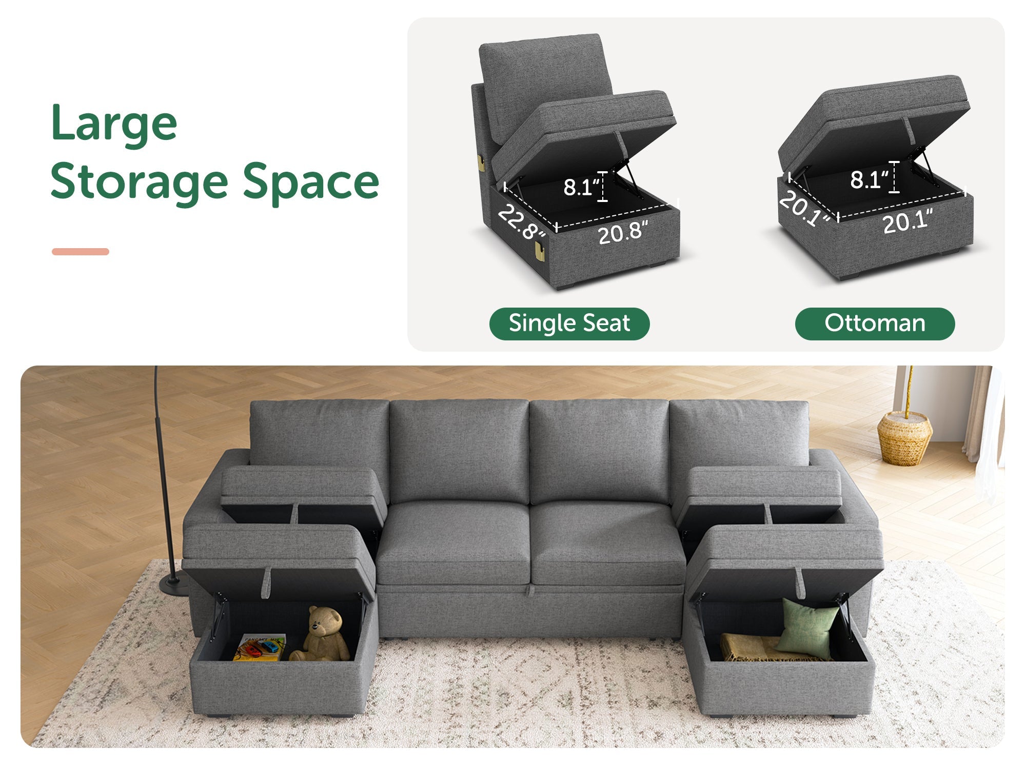 HONBAY Sleep Modular Sofa 6-Seat Sofa Bed with 4-Storage Space #Color_Dark Grey