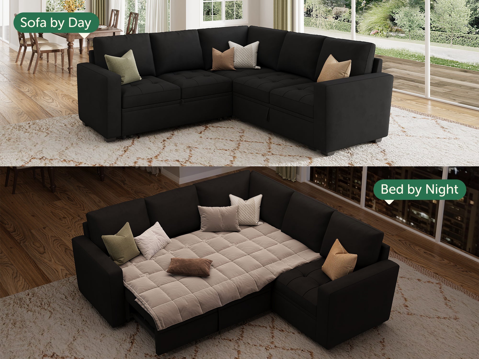 HONBAY 5-Piece Velvet Modular Sleeper Sectional Sofa With Storage Space