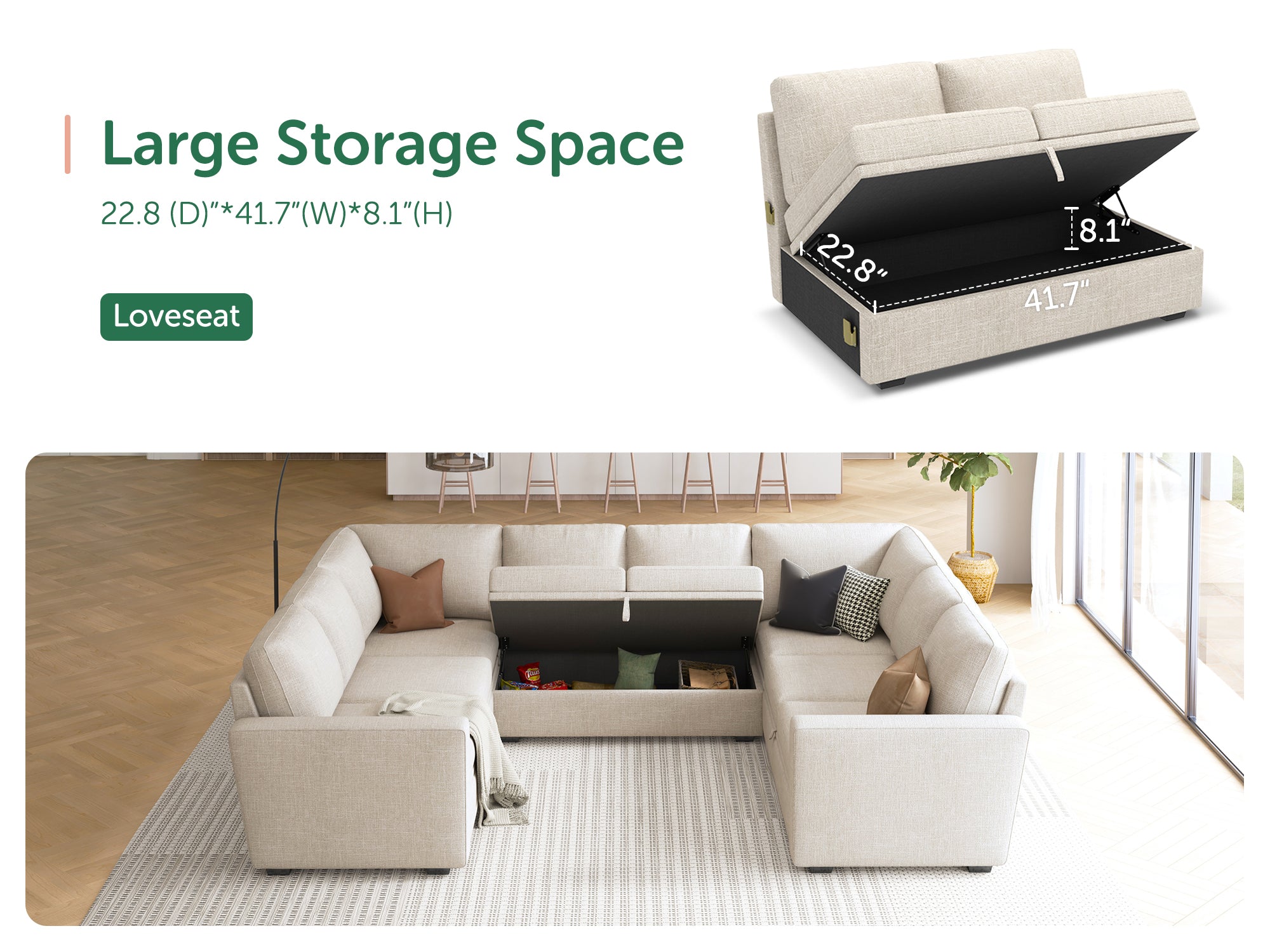 HONBAY Sleep Modular Sofa 8-Seat Sofa Bed with 2-Storage Space #Color_Beige