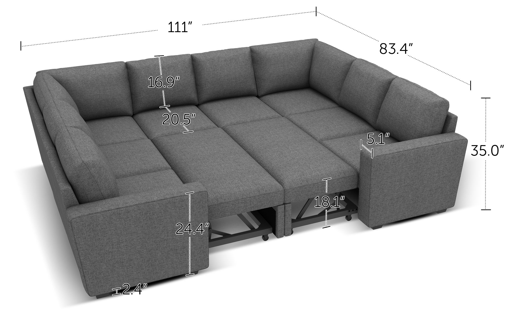 HONBAY Sleep Modular Sofa 8-Seat Sofa Bed with 2-Storage Space #Color_Dark Grey