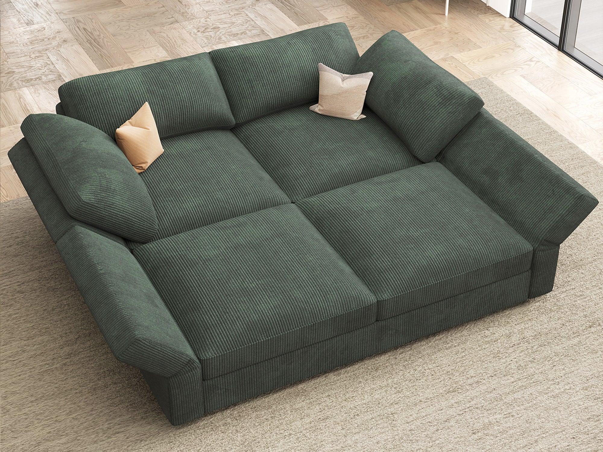 4-Piece Corduroy Modular Sectional Sleeper Cloud Sofa With Oversized Storage Seat #Color_ Corduroy Green