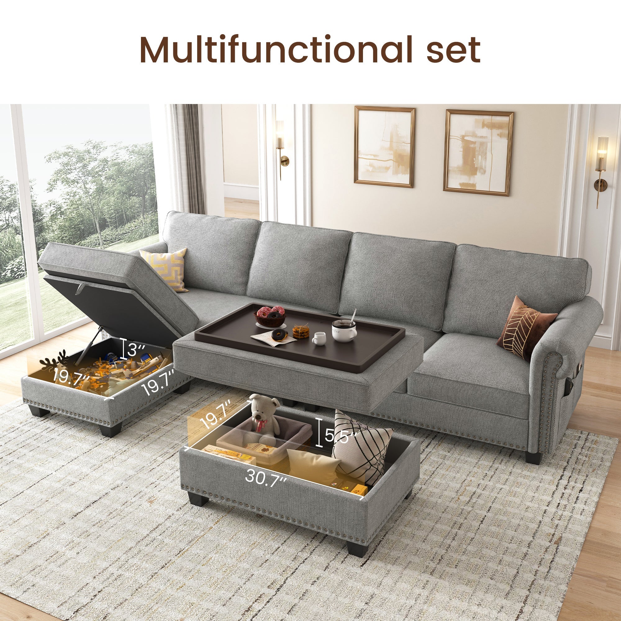 NOLANY 5-Piece Polyester Convertible Sectional With Tray Ottoman