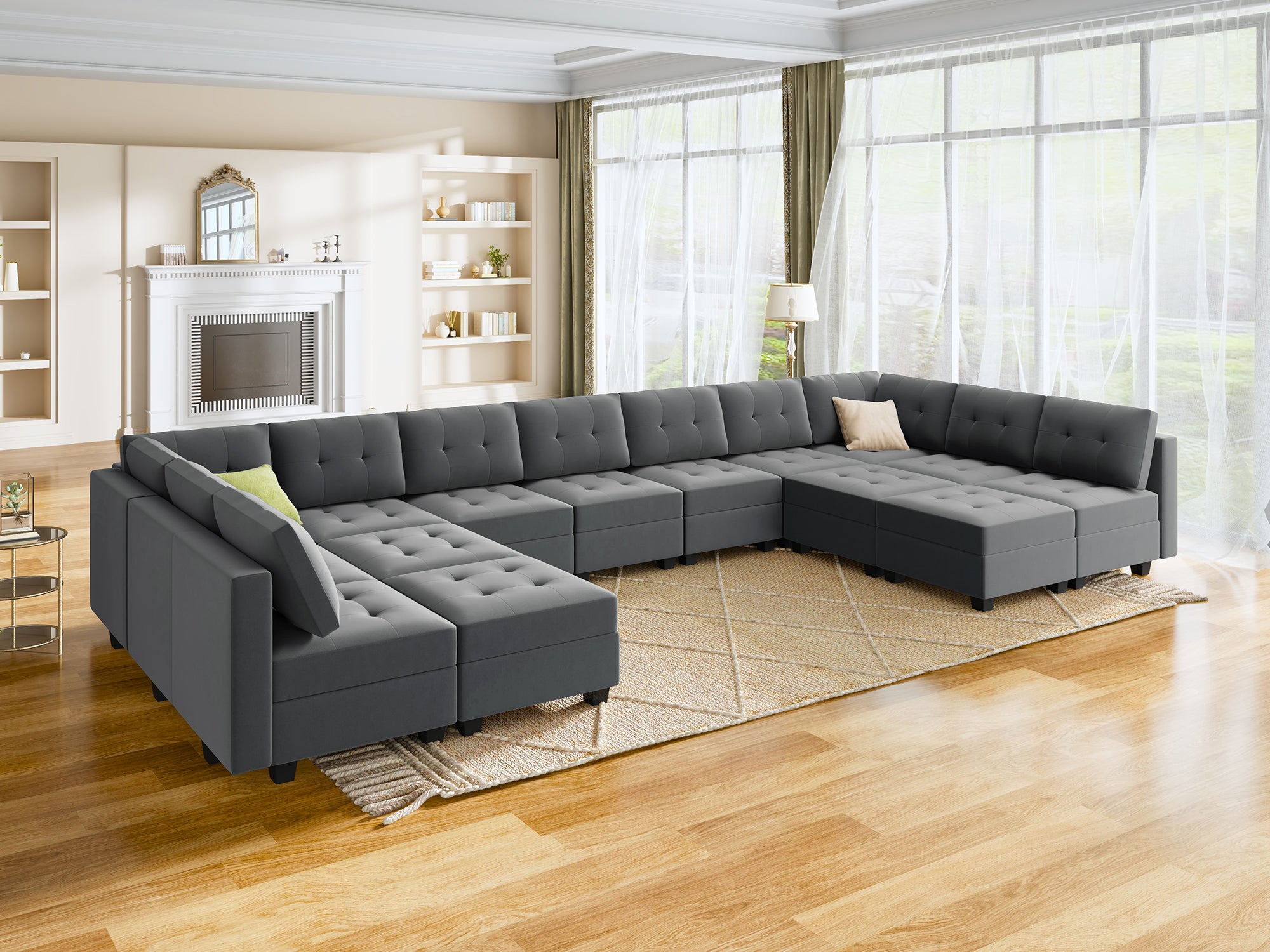 HONBAY 15-Piece Velvet Modular Sleeper Sectional Sofa With Storage Seat