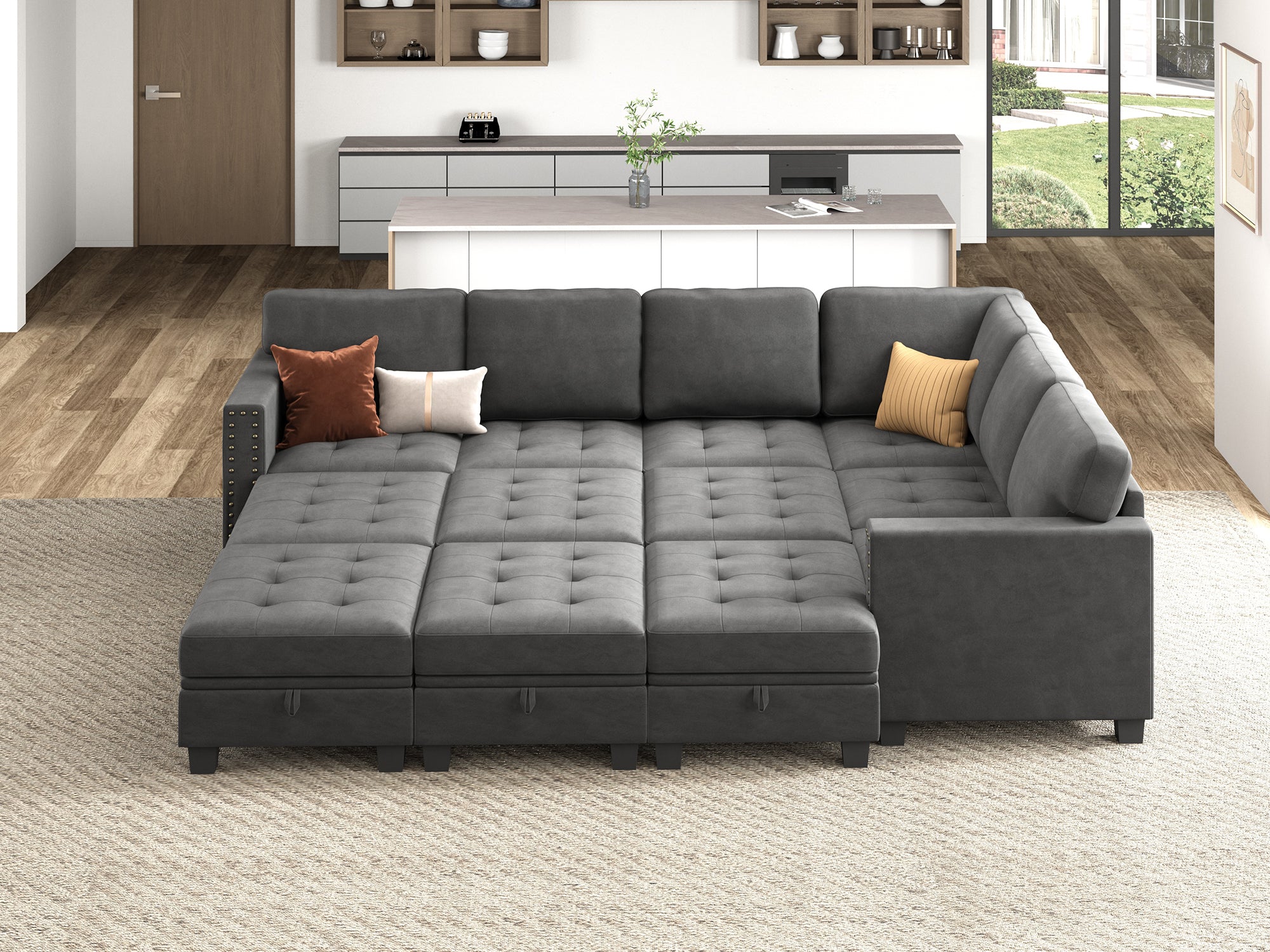 HONBAY 12-Piece Velvet Modular Sleeper Sectional With Storage Space