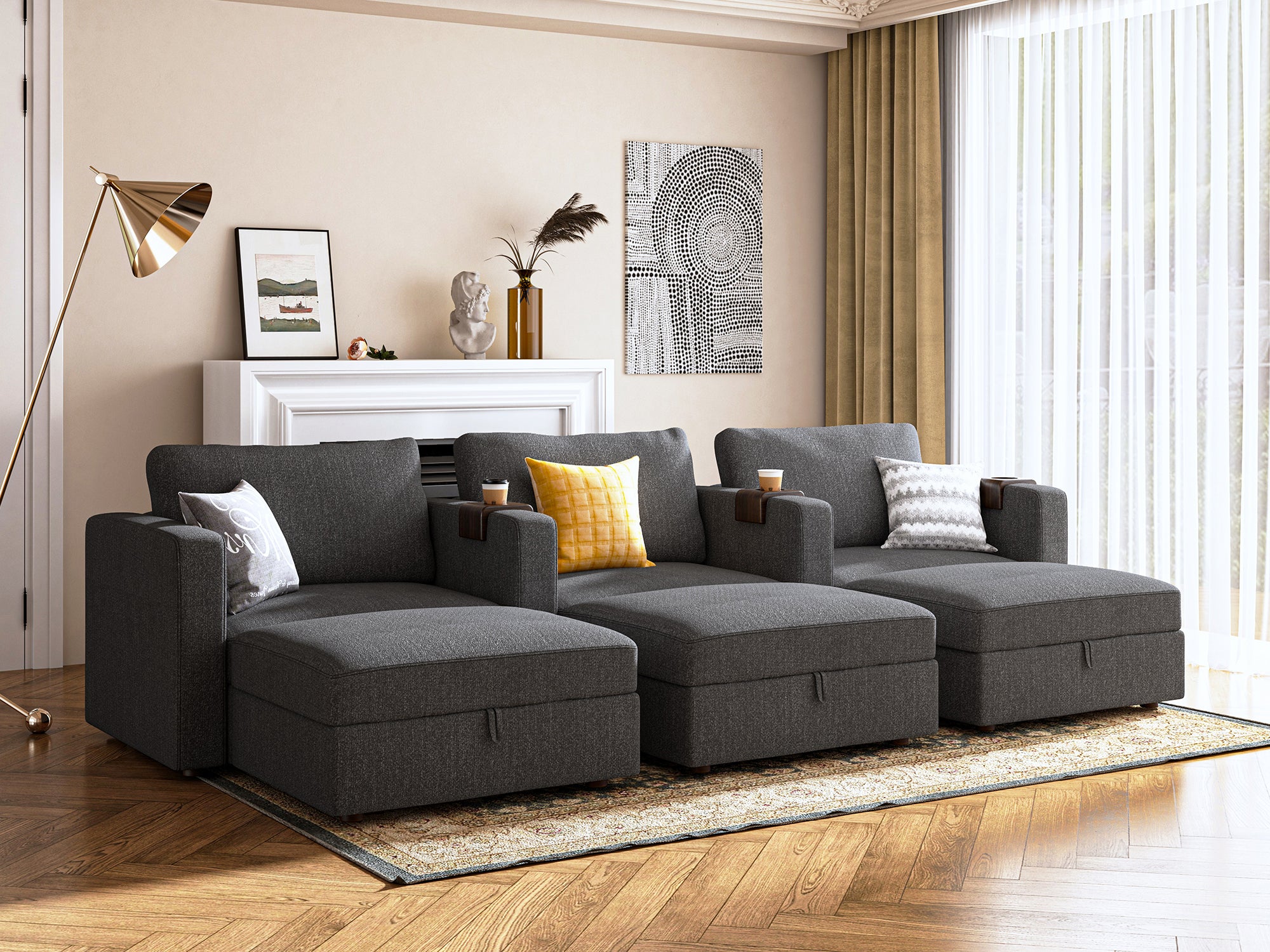 HONBAY 6-Piece Polyester Modular Sleeper Sectional With Storage Seat