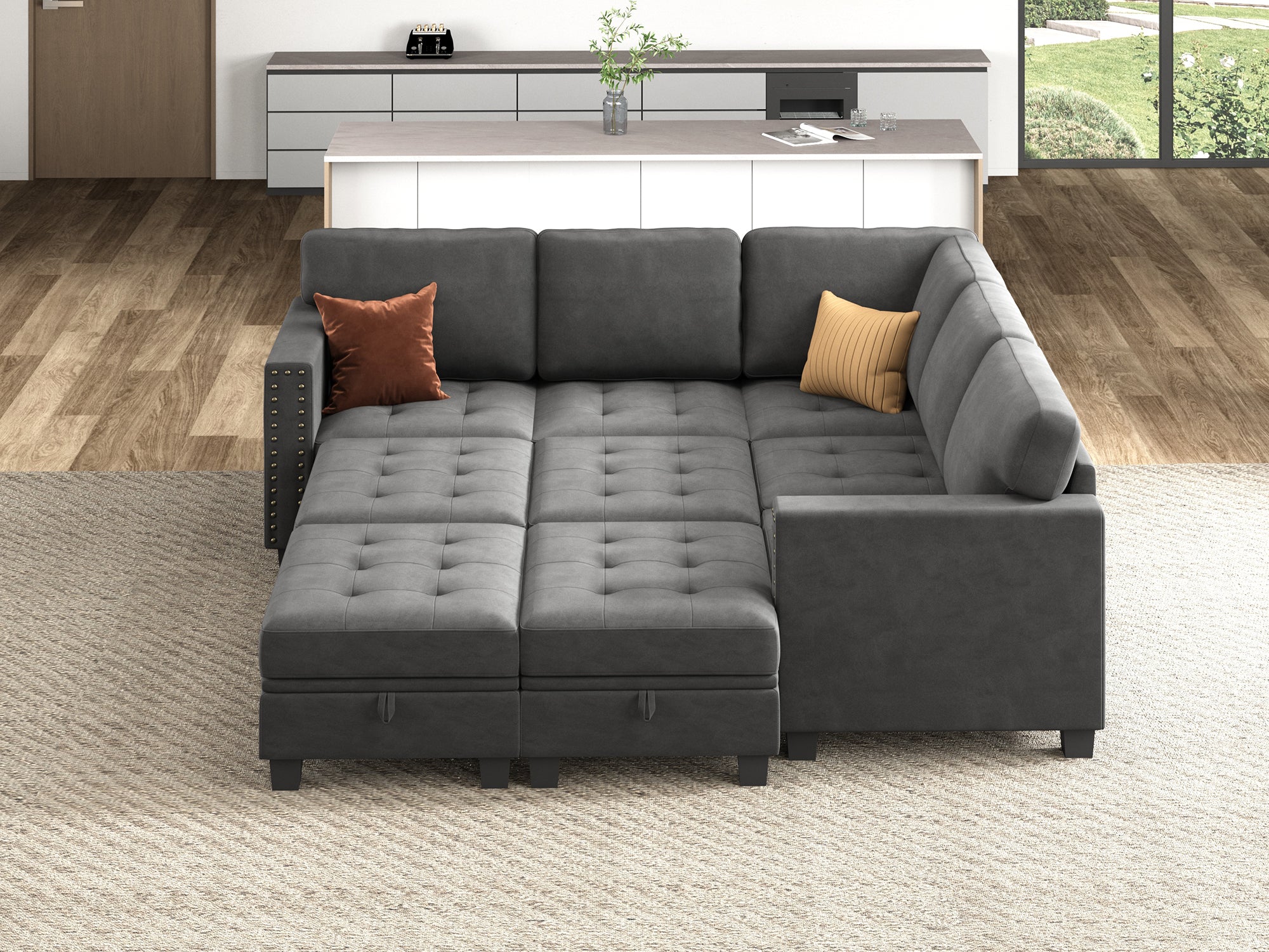 HONBAY 9-Piece Velvet Modular Sleeper Sectional With Storage Space