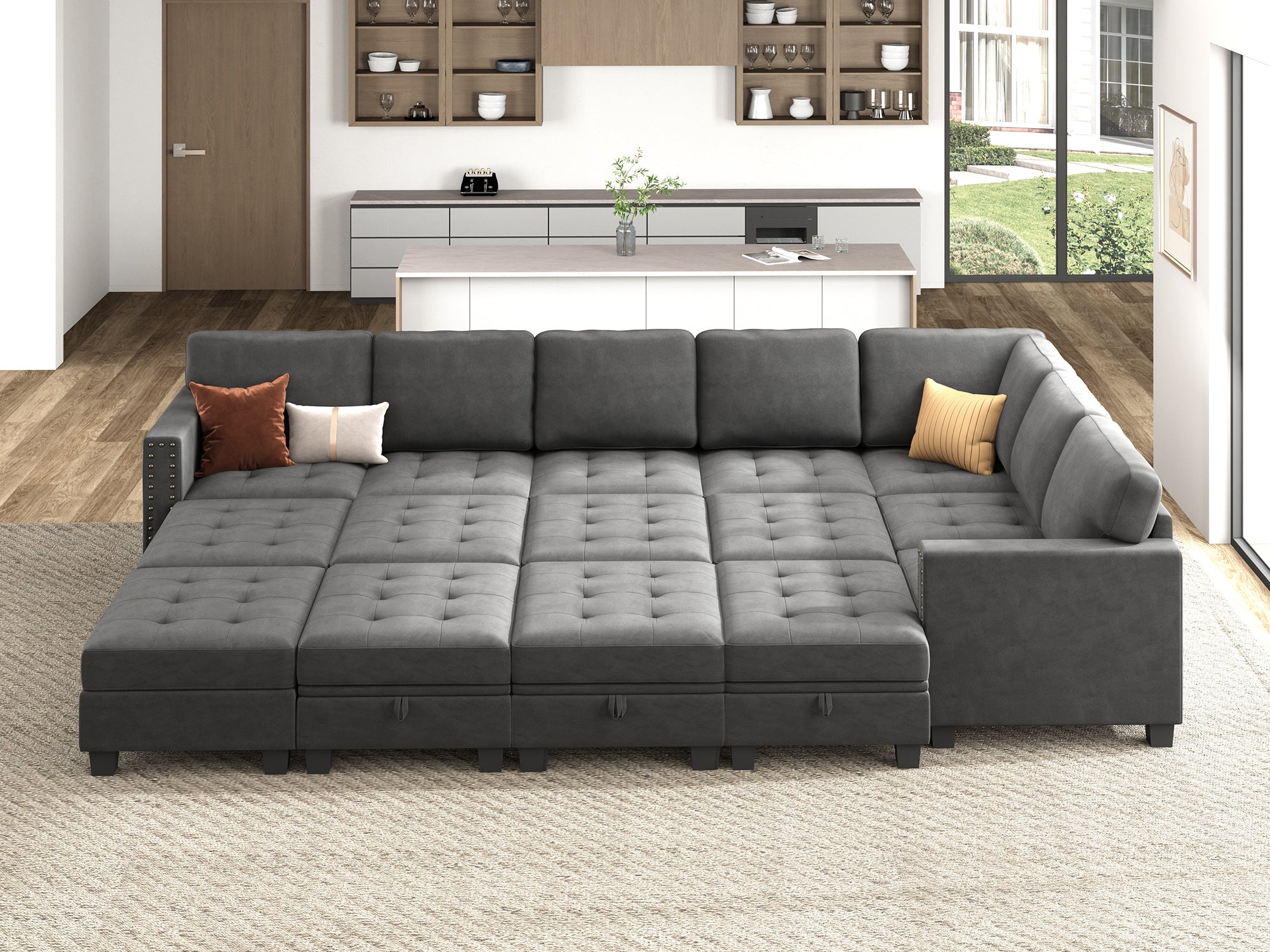 HONBAY 15-Piece Velvet Modular Sleeper Sectional With Storage Space