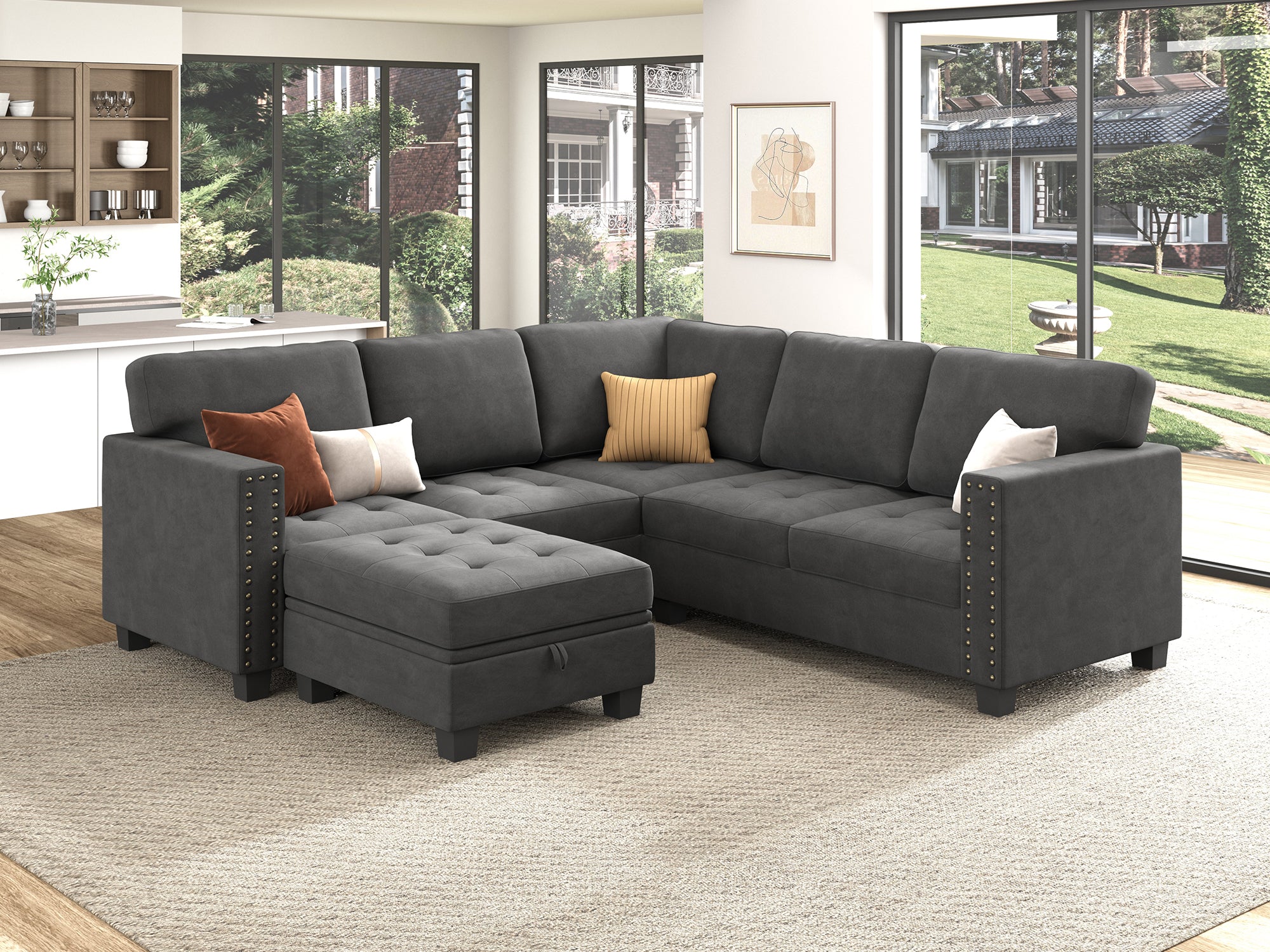 HONBAY 6-Piece Velvet Modular Sectional With Storage Ottoman