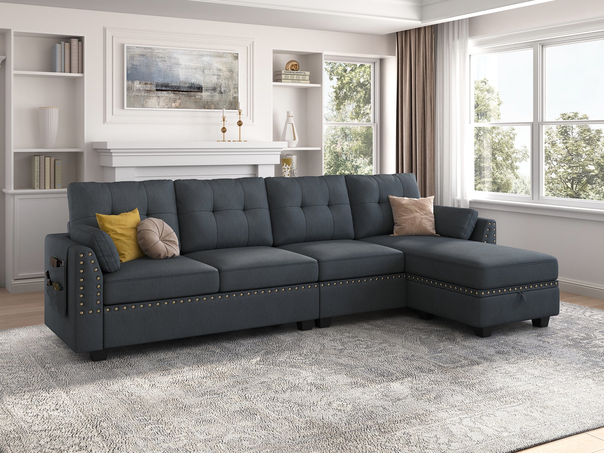 HONBAY 4-Piece Polyester Convertible Sectional With Storage Ottoman