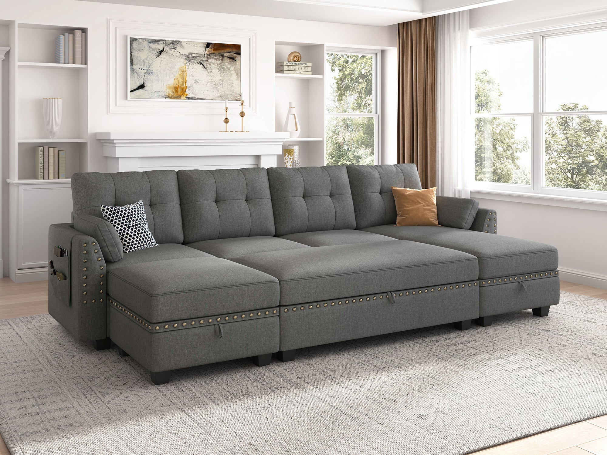 HONBAY 6-Piece Polyester Convertible Sleeper Sectional With Storage Space