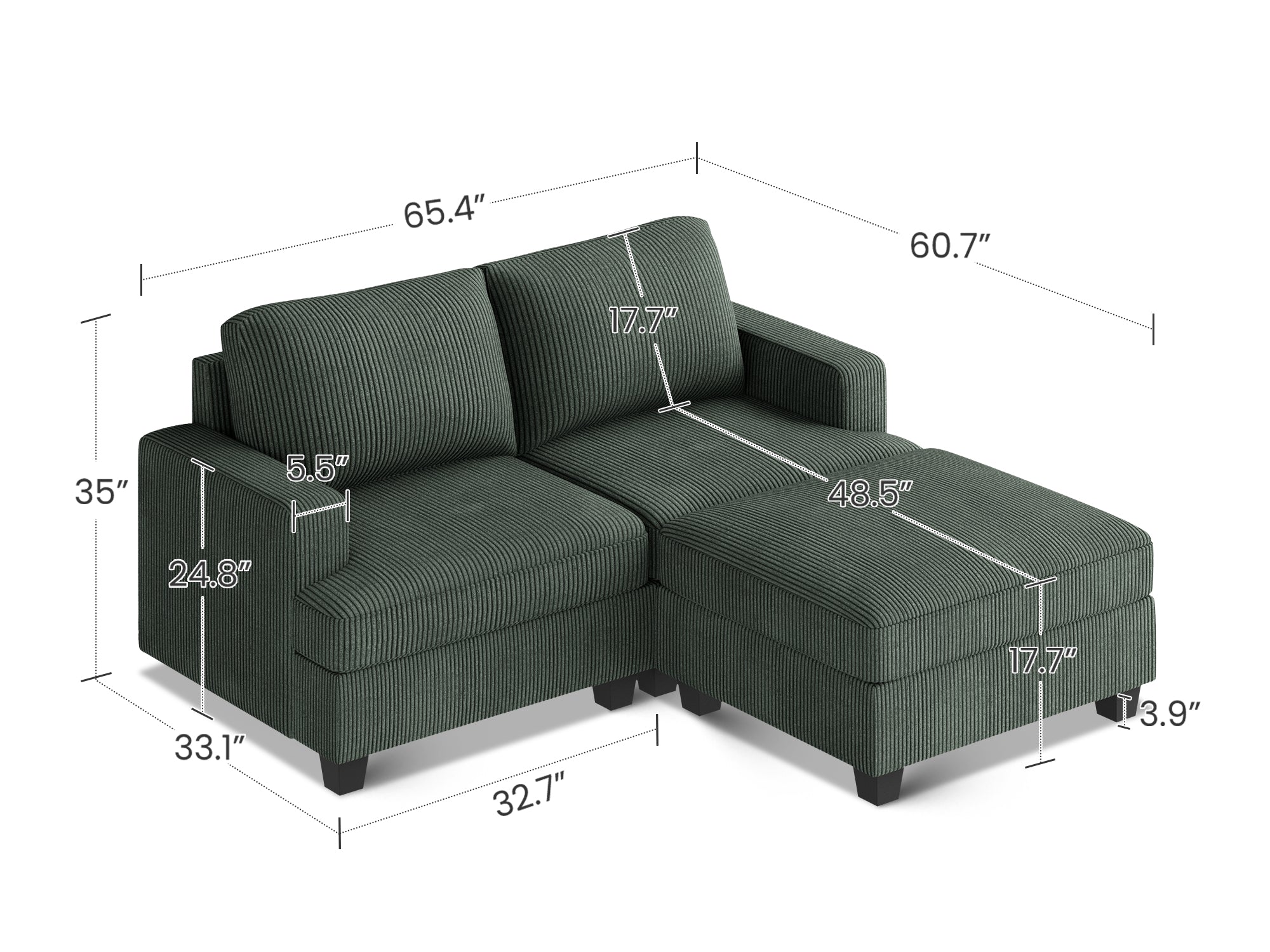 HONBAY 3-Piece Corduroy Modular Sectional With Storage Ottoman