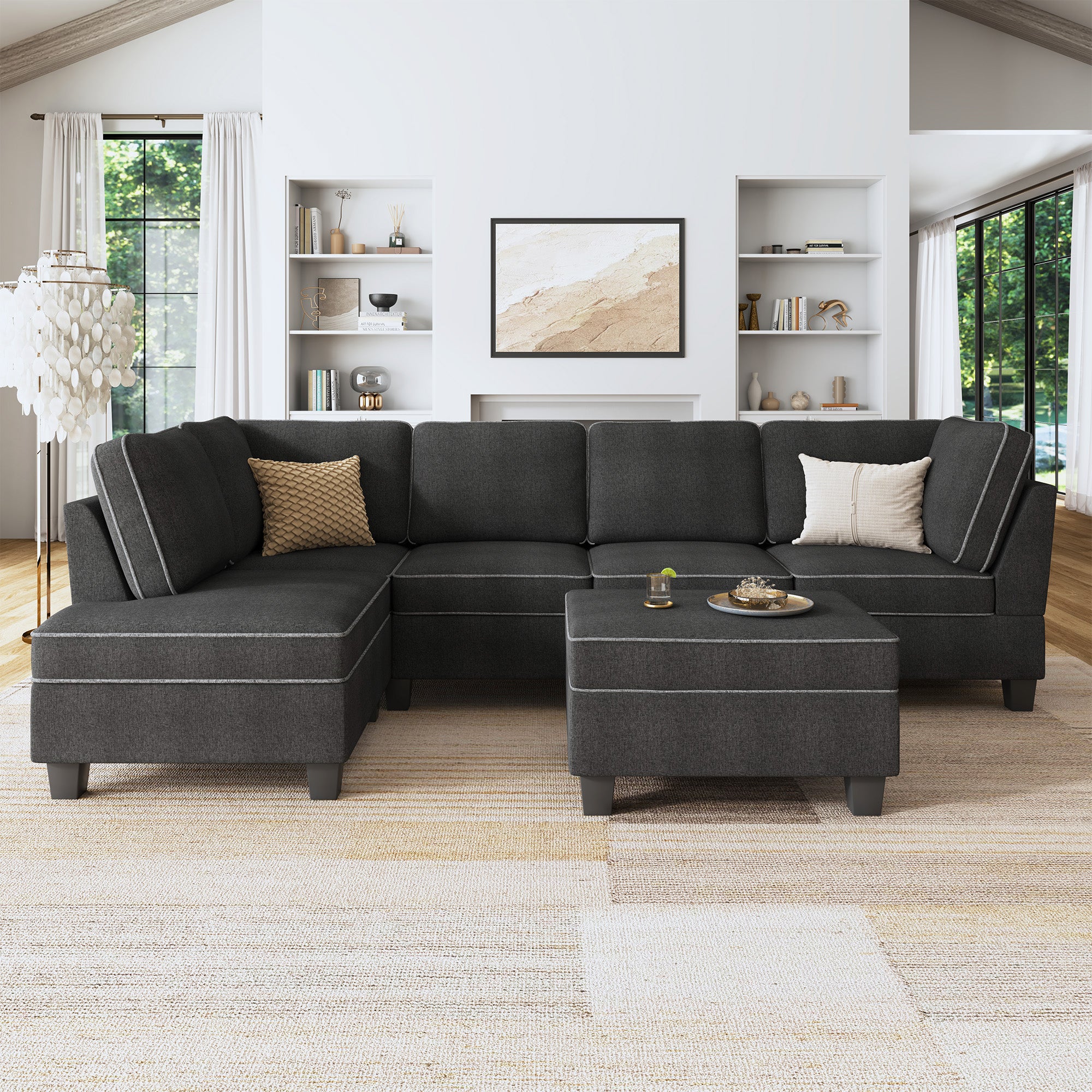 HONBAY Modern Linen Fabric Couch L Shape Sectional Sofa Sets for Living  Room, Dark Grey 