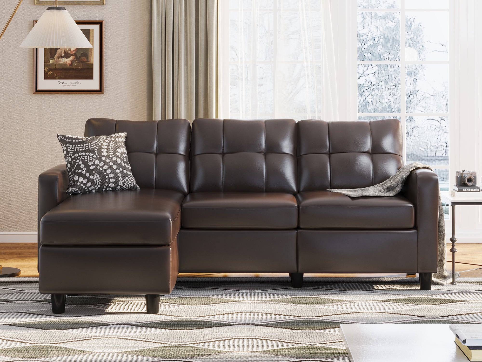 HONBAY 3-Piece Faux Leather Convertible Sectional