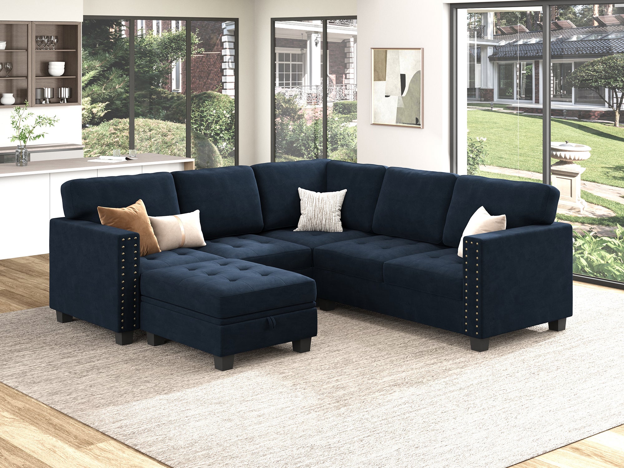 HONBAY 6-Piece Velvet Modular Sectional With Storage Ottoman