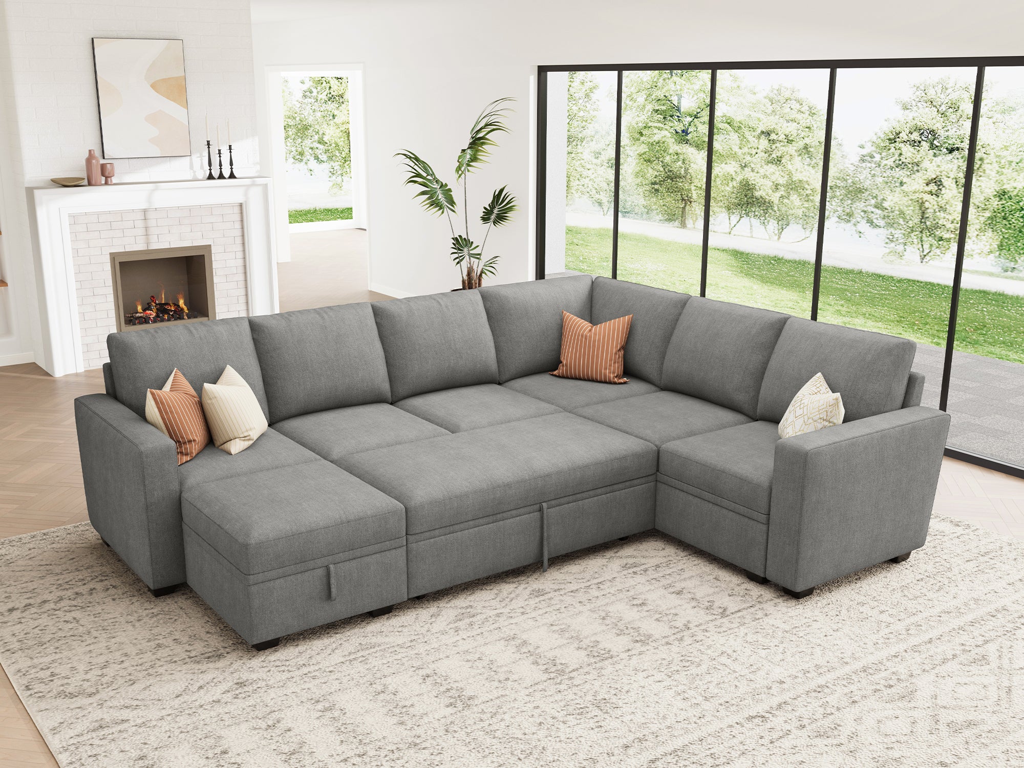 HONBAY Sleep Modular Sofa 7-Seat Sofa Bed with 4-Storage Space #Color_Warm Grey