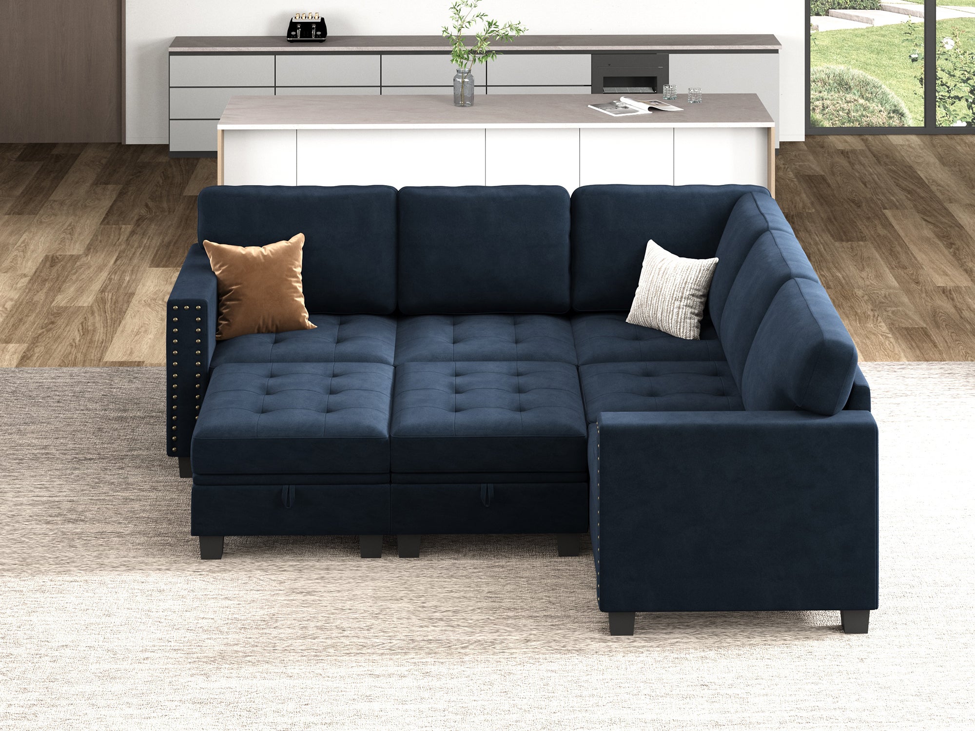 HONBAY 7-Piece Velvet Modular Sleeper Sectional With Storage Space