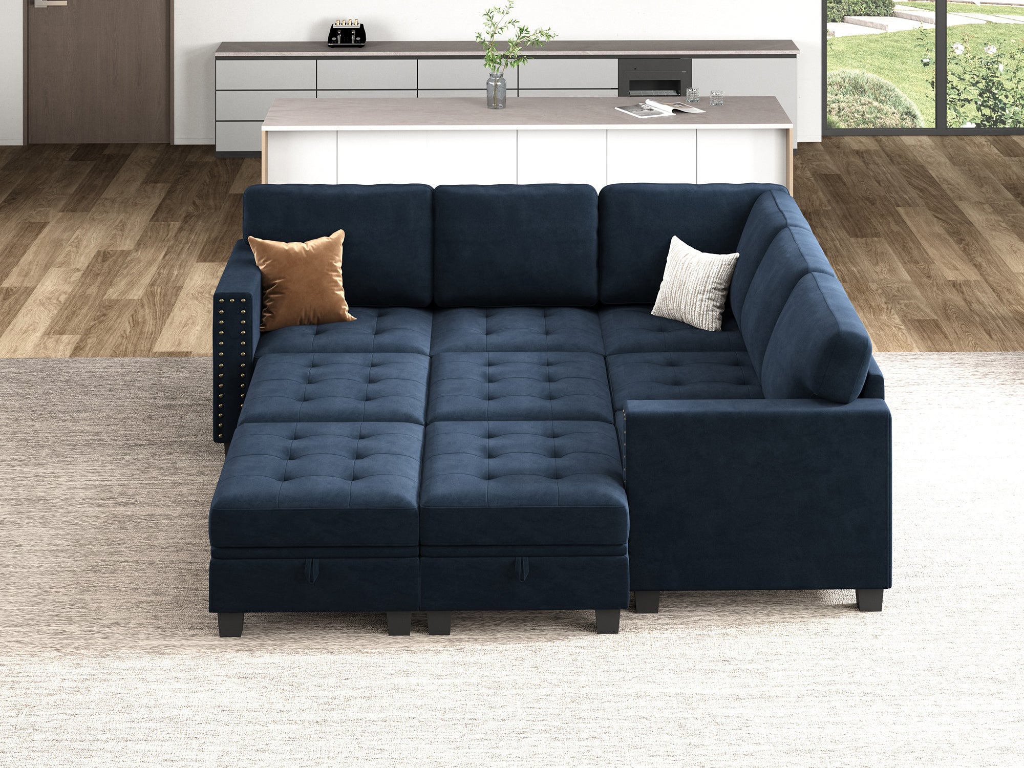 HONBAY 9-Piece Velvet Modular Sleeper Sectional With Storage Space