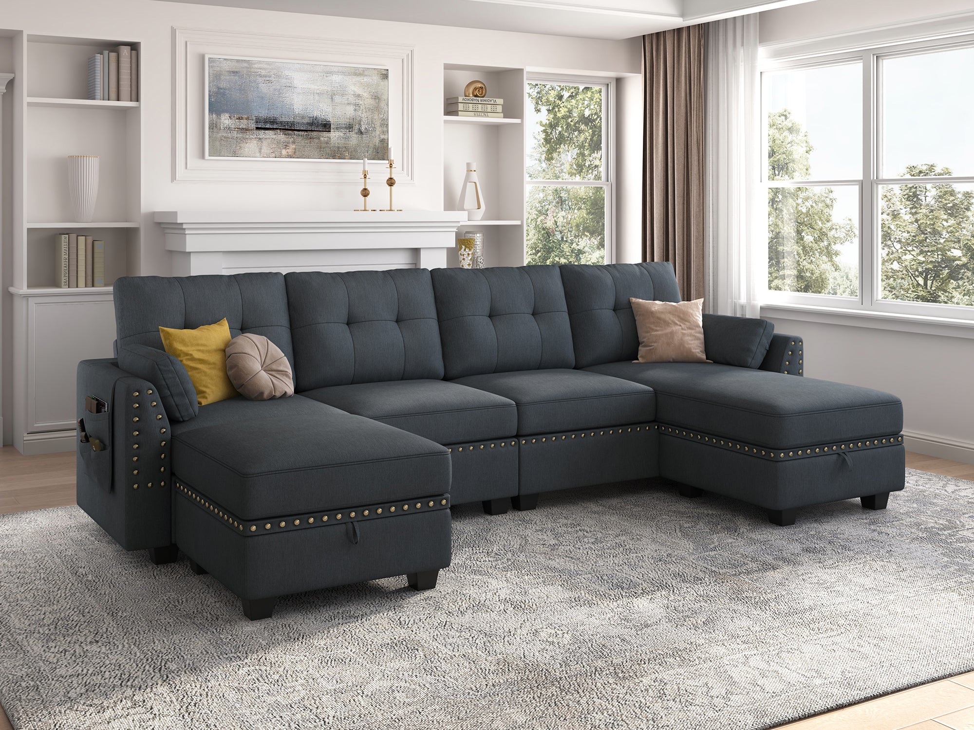 HONBAY 5-Piece Polyester Convertible Sectional With Storage Ottoman