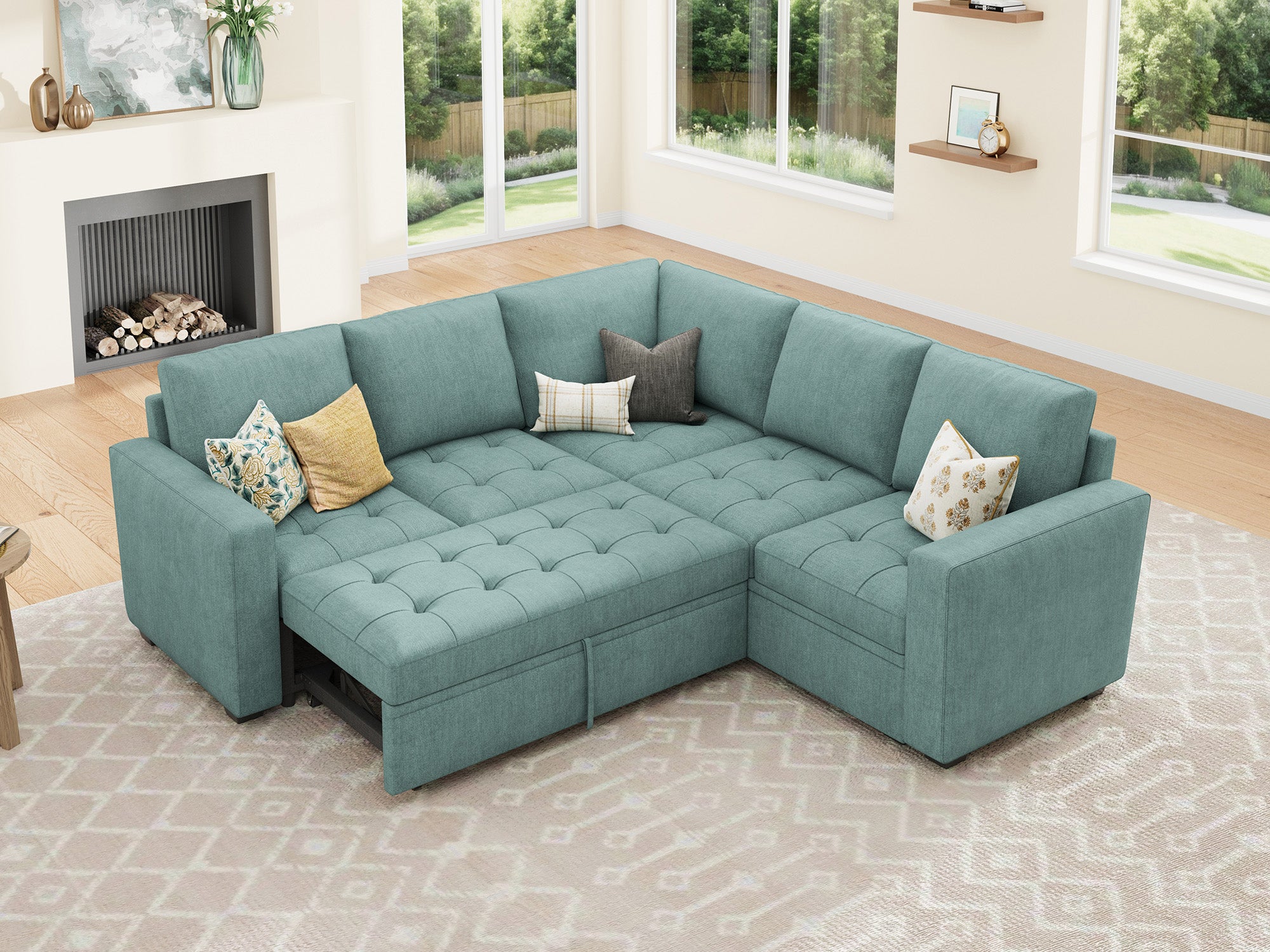 HONBAY 5-Piece Polyester Modular Sleeper Sectional With Storage Space #Color_Aqua Blue