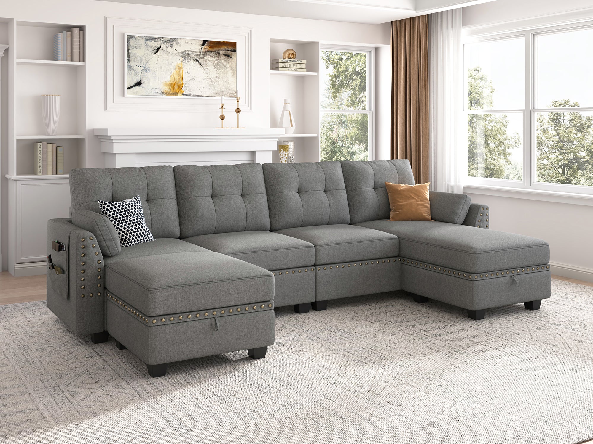 HONBAY 5-Piece Polyester Convertible Sectional With Storage Ottoman