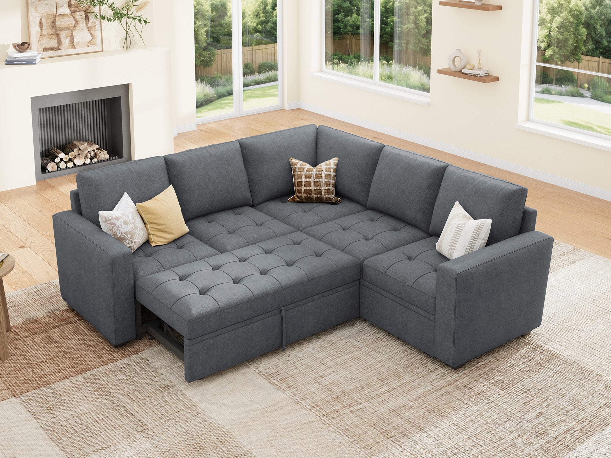 HONBAY 5-Piece Polyester Modular Sleeper Sectional With Storage Space #Color_Bluish Grey II