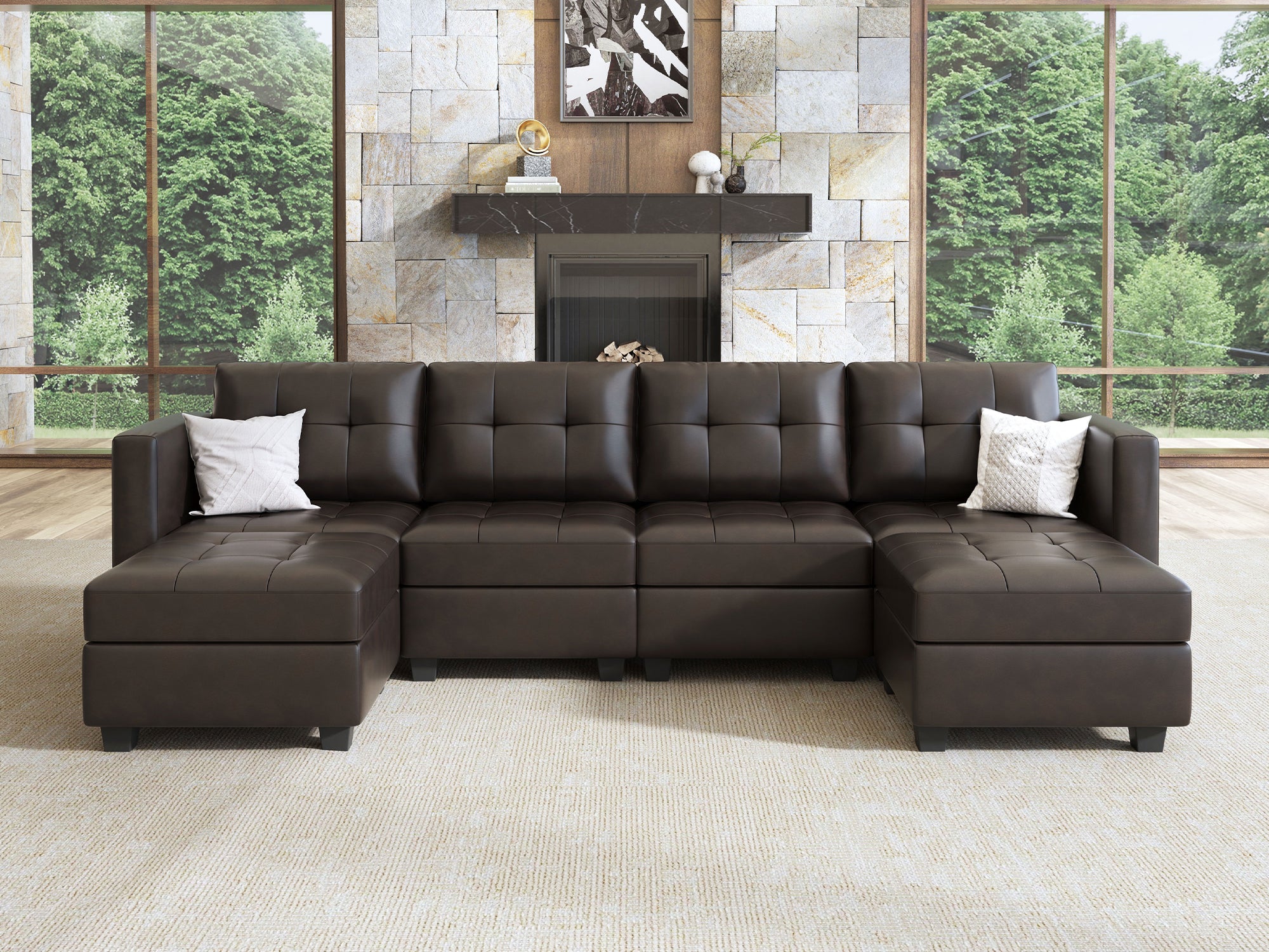 HONBAY 6-Piece Faux Leather Modular Sectional Sofa With Storage Seat