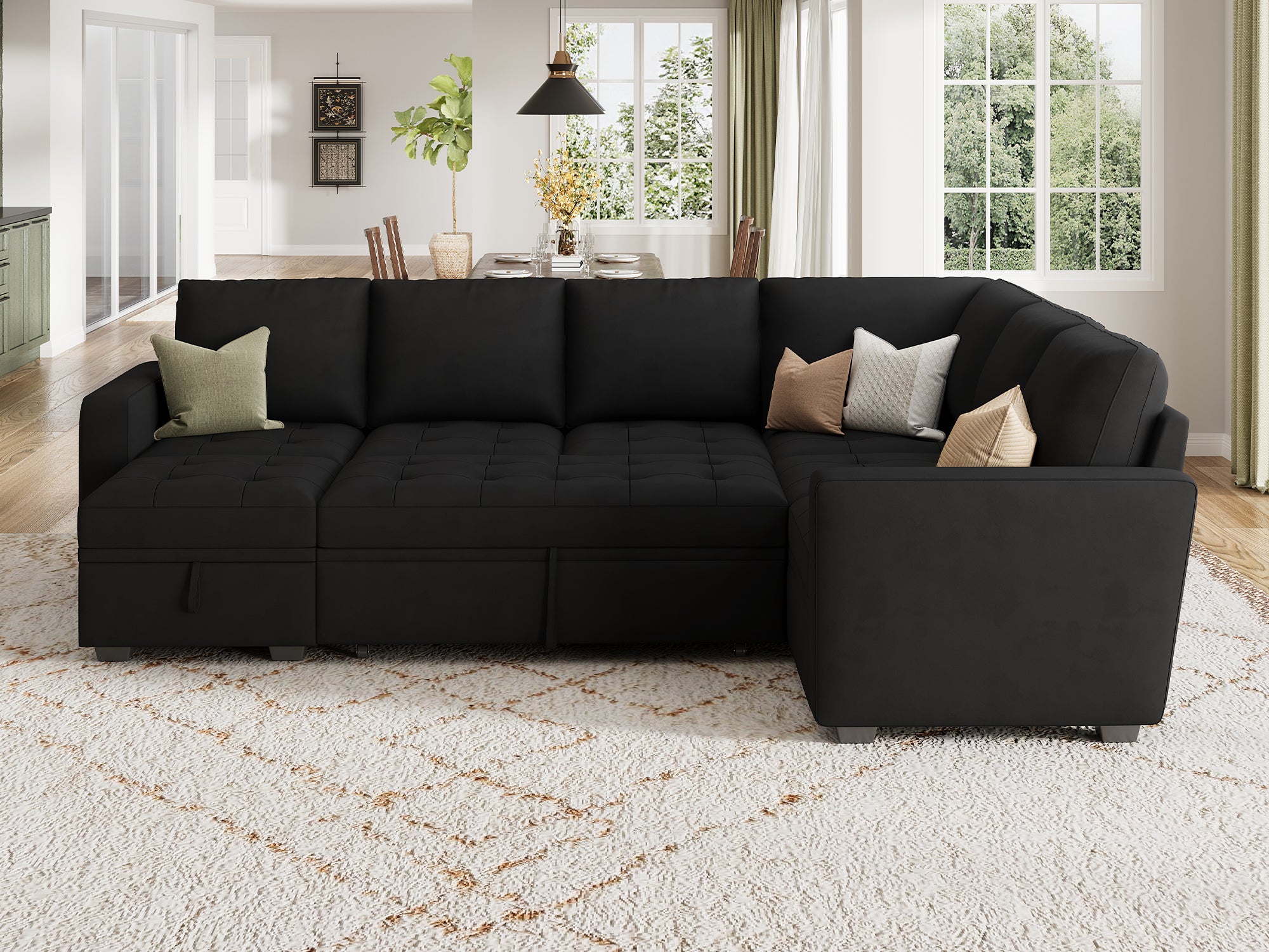 HONBAY Sleep Modular Sofa 7-Seat Sofa Bed with 4-Storage Space #Color_Black Style II