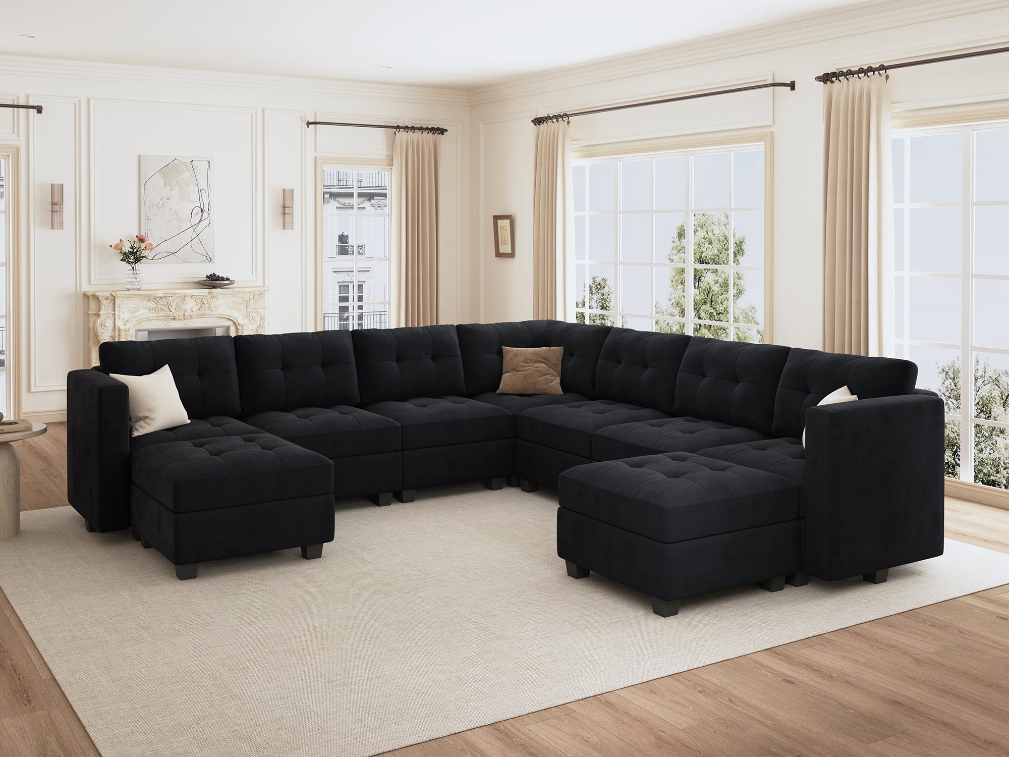 HONBAY 9-Piece Velvet Modular Sleeper Sectional Sofa With Storage Seat