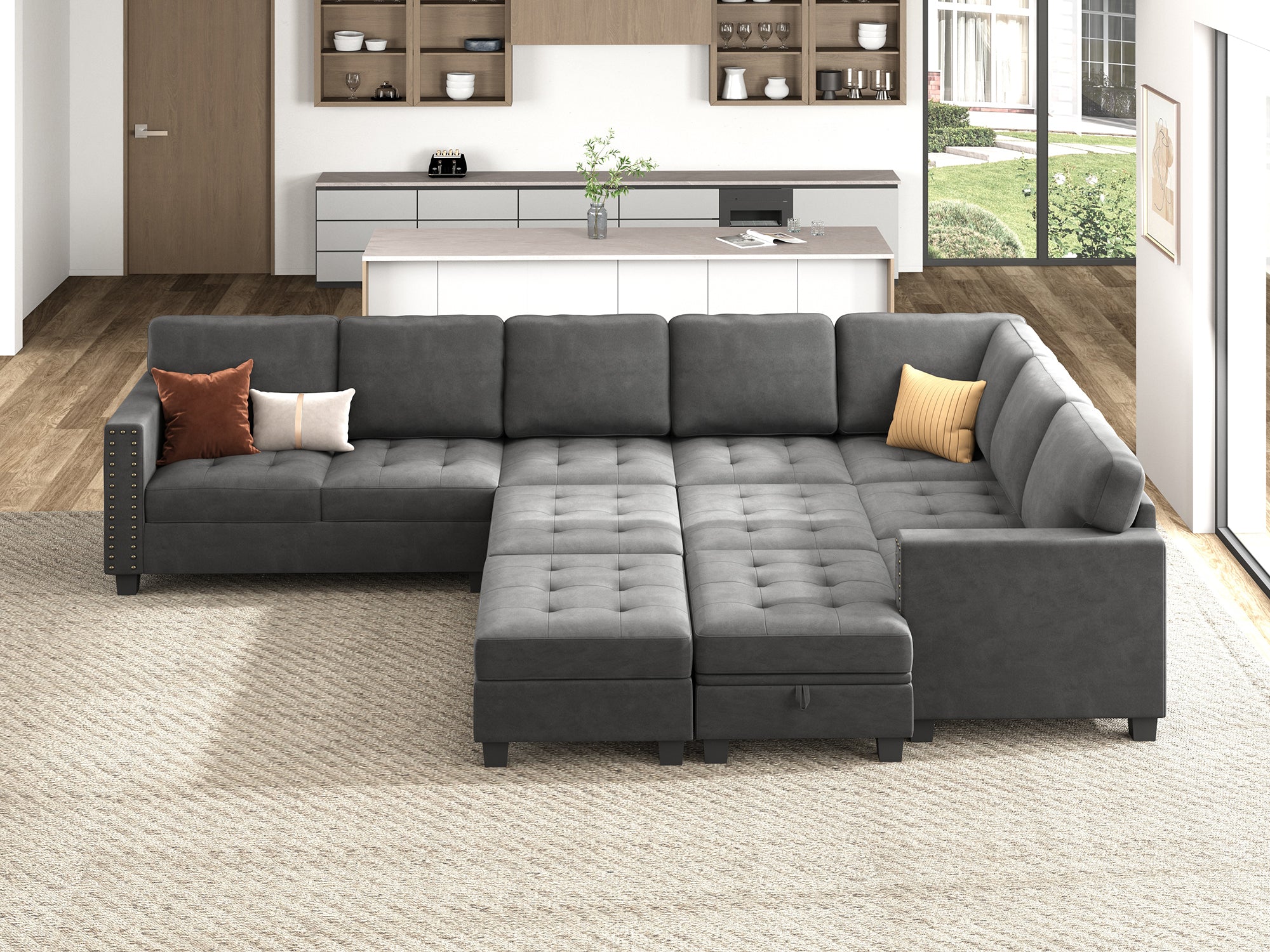 HONBAY 11-Piece Velvet Modular Sleeper Sectional With Storage Space