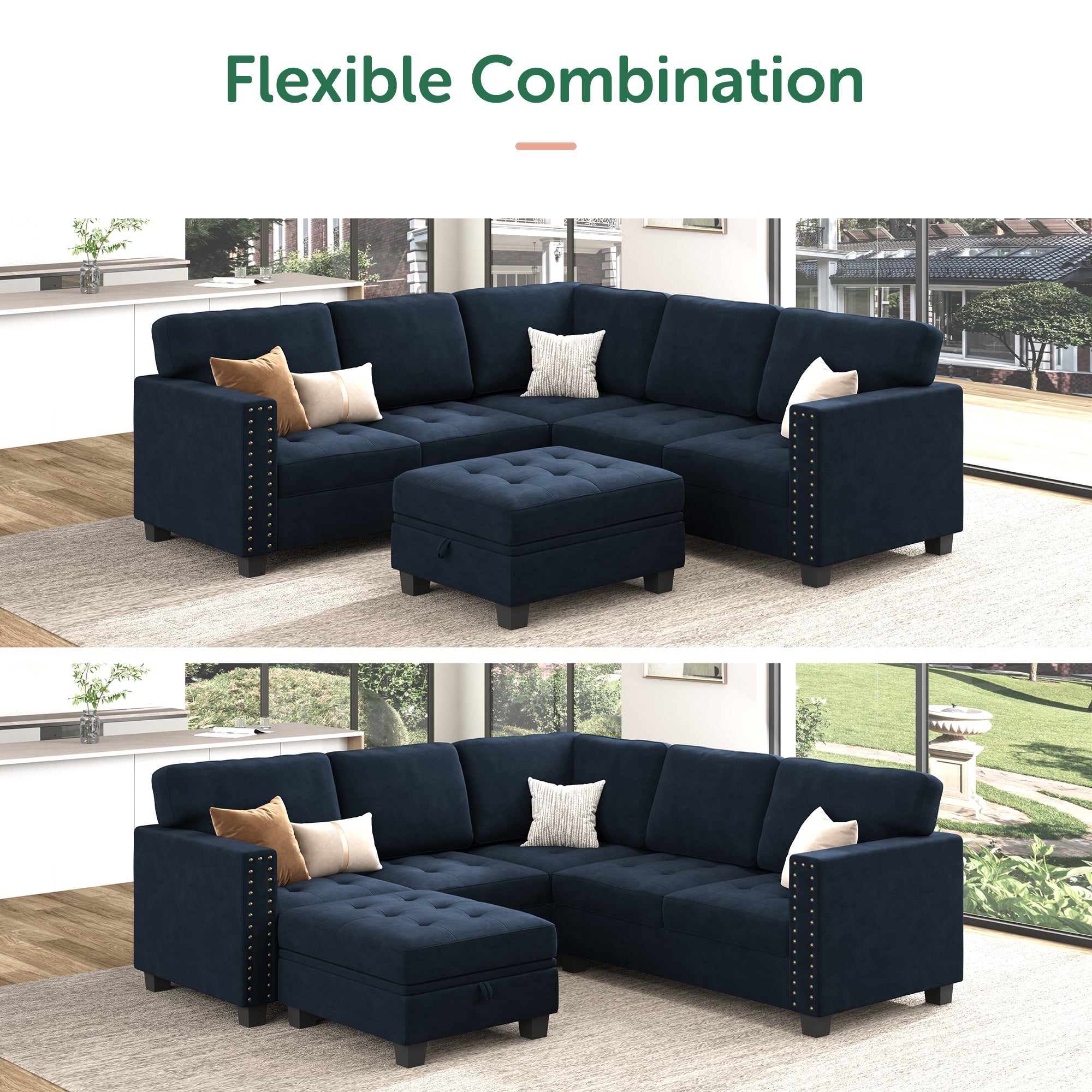HONBAY Velvet Corner Sectional Sofa with Reversible Storage Lid Ottoman #Color_Dark Blue
