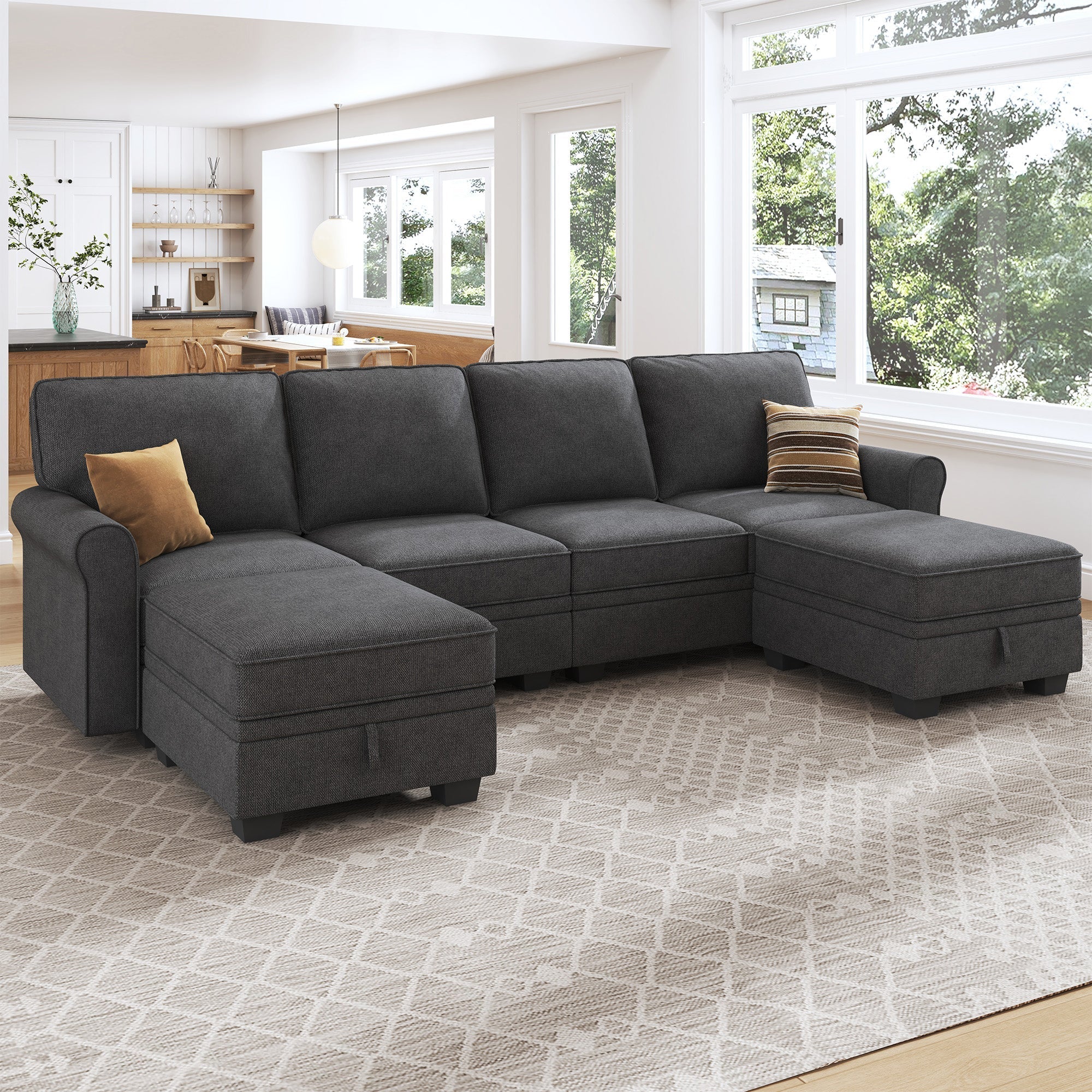 HONBAY Modern Storage Sectional Sofa Couch U-Shaped with Storage Ottomans for Living Room Furniture Sets, Light Grey