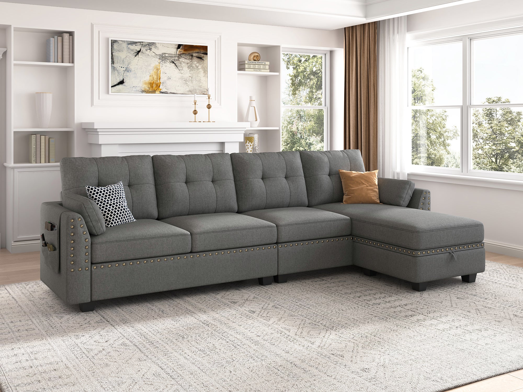 HONBAY 4-Piece Polyester Convertible Sectional With Storage Ottoman