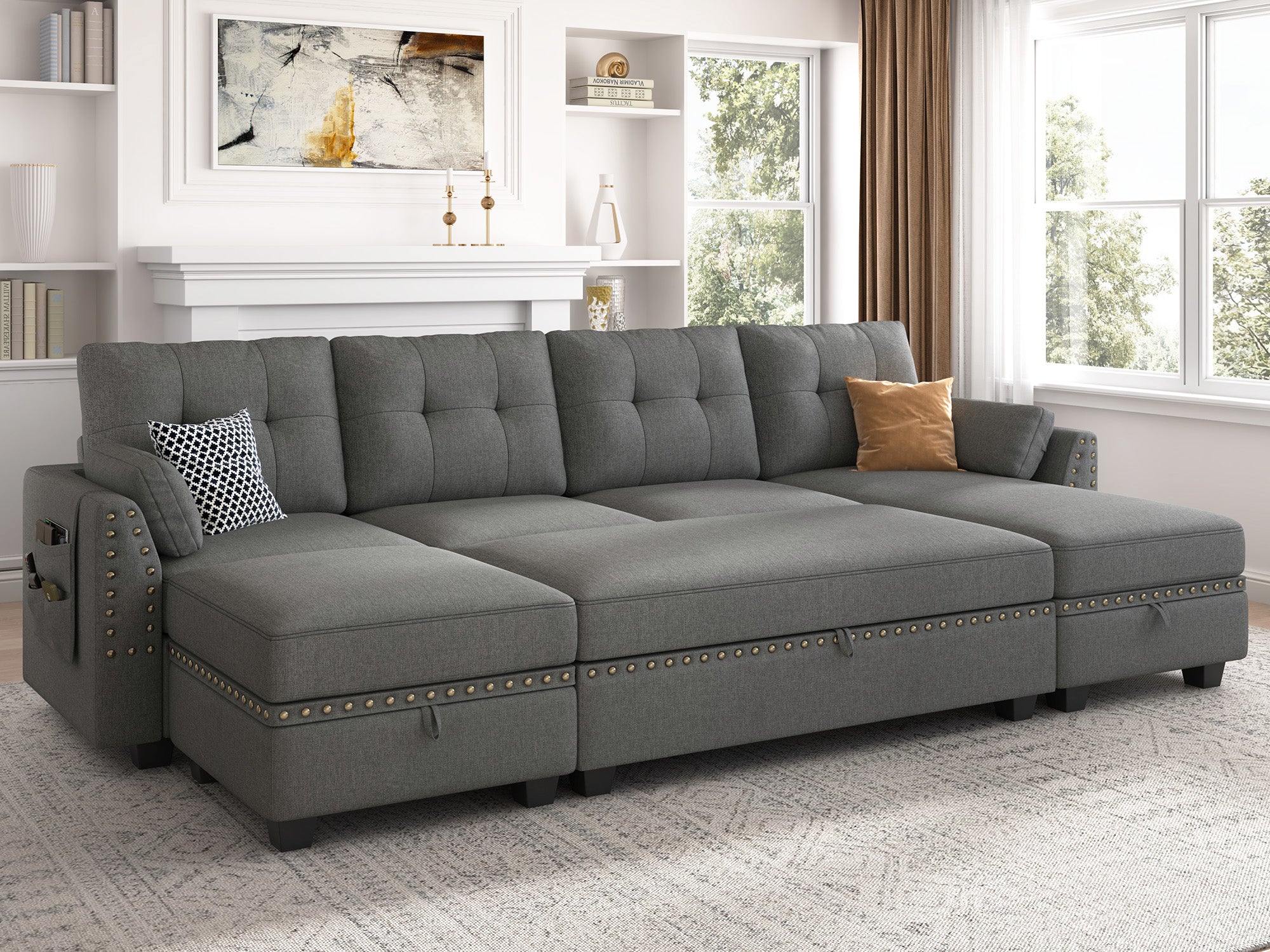 HONBAY 4-Seat Sectional Sofa Sleeper with Storage
