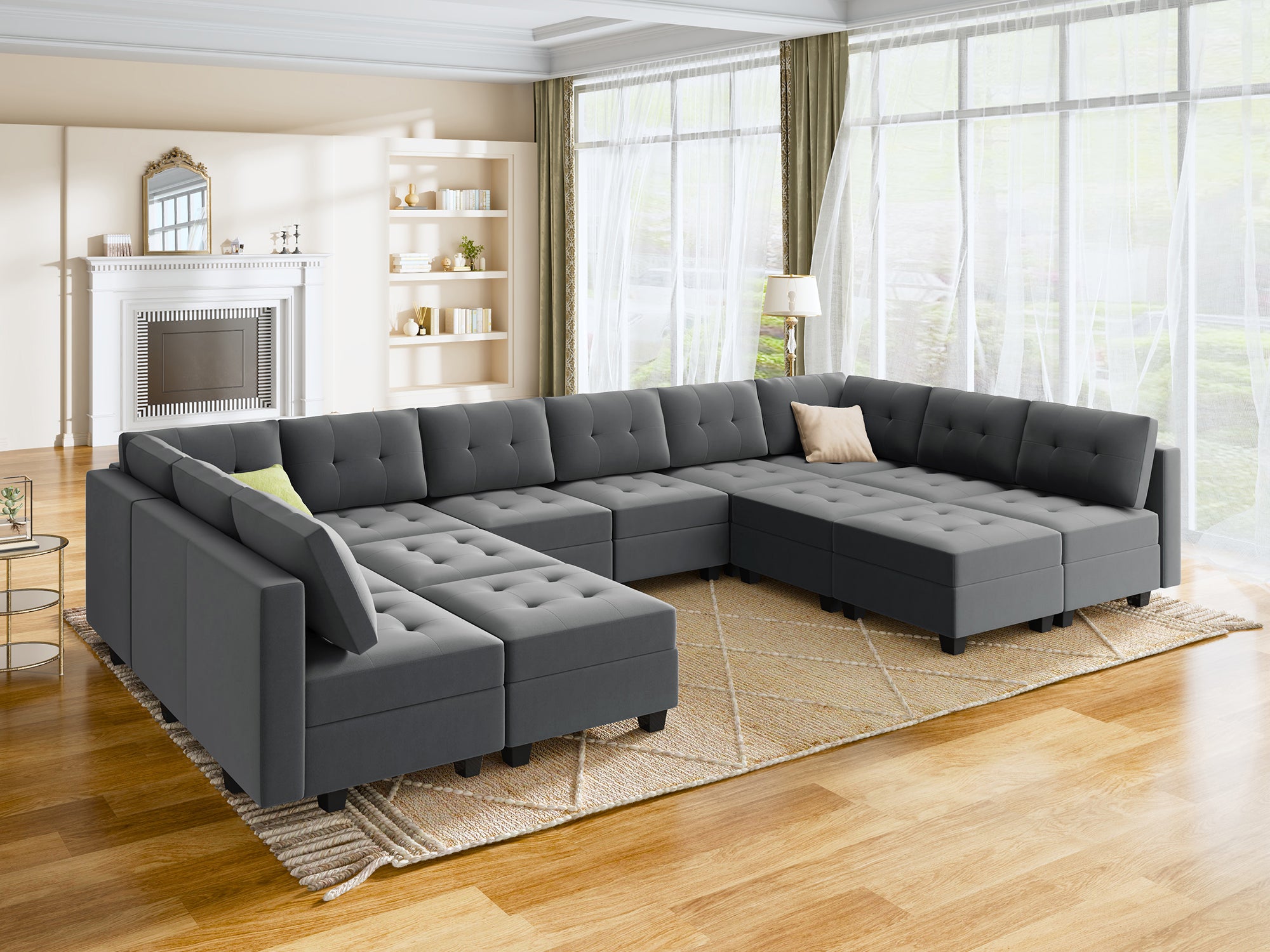 HONBAY 14-Piece Velvet Modular Sleeper Sectional Sofa With Storage Seat