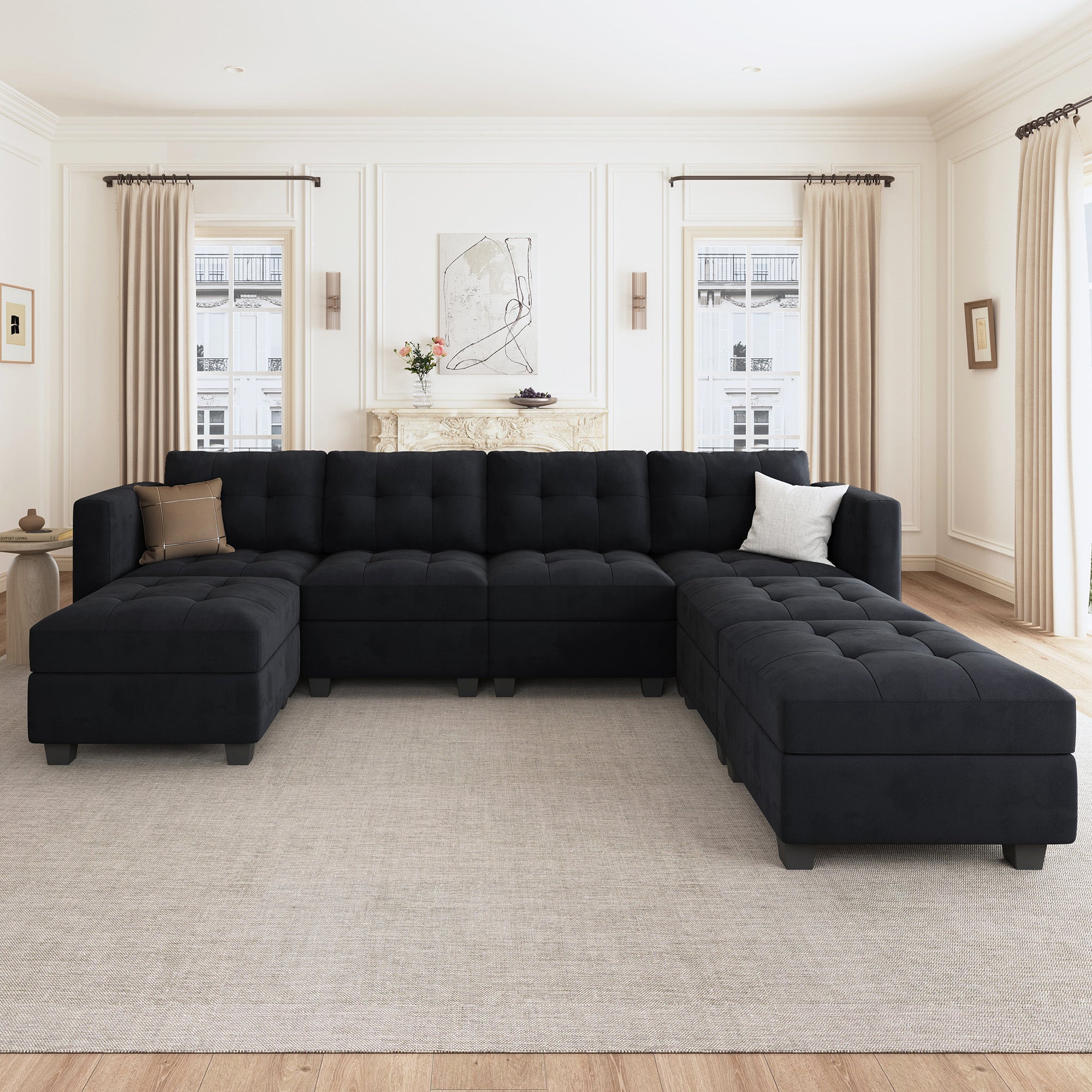 HONBAY Velvet Tufted U-Shaped Reversible Modular Sofa with Storage & Convertible Chaises