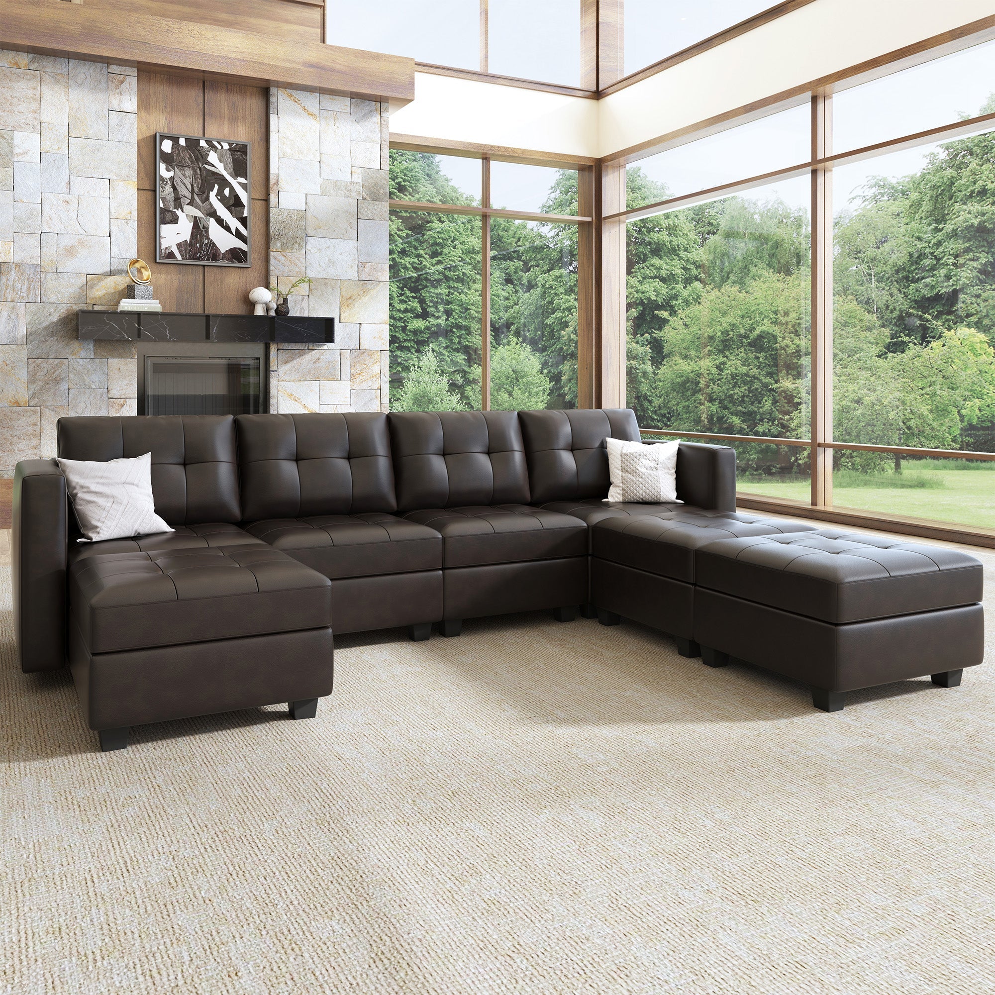 HONBAY 7-Piece Faux Leather Modular Sectional With Storage Seat