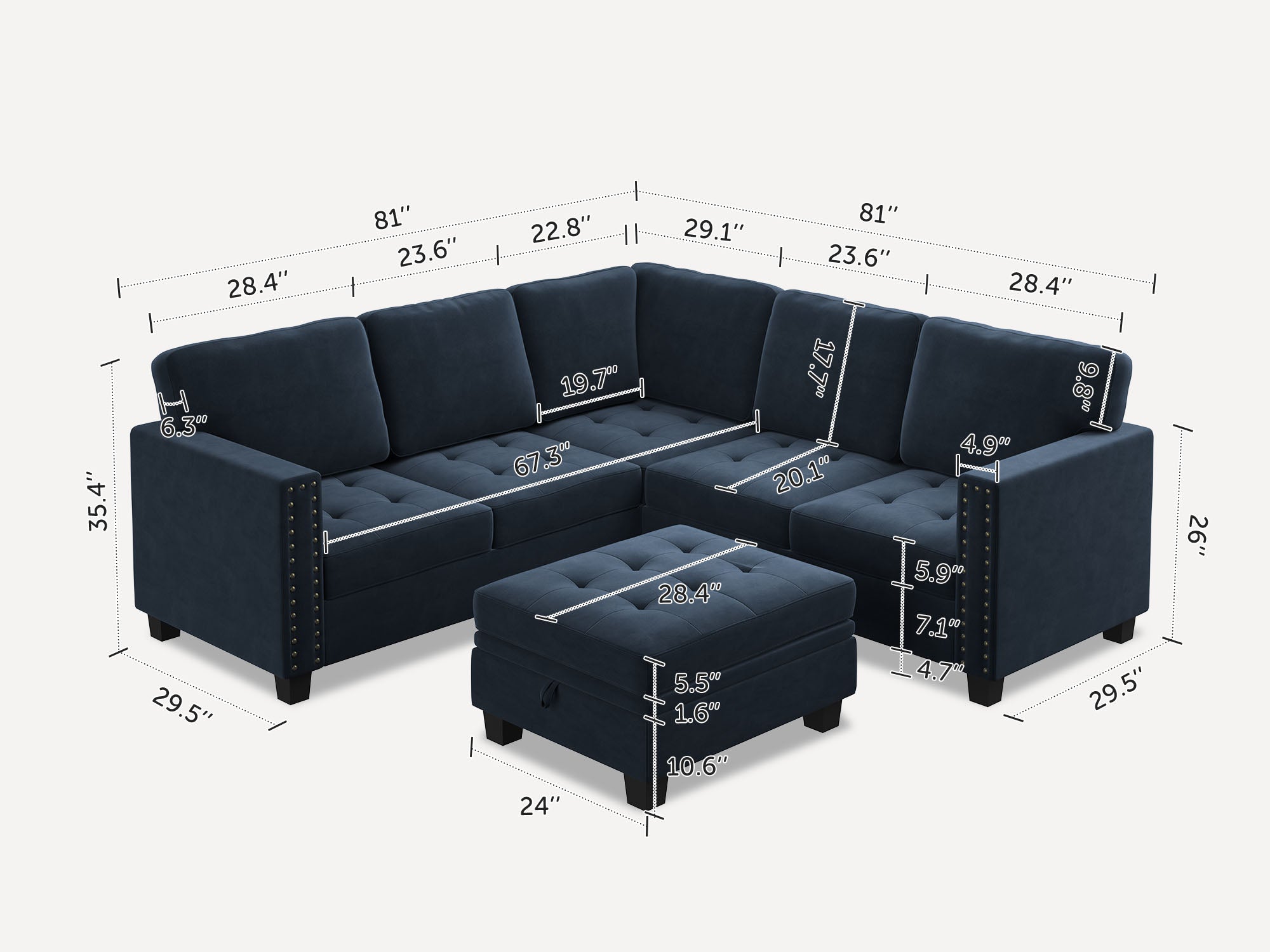 HONBAY 6-Piece Velvet Modular Sectional With Storage Ottoman