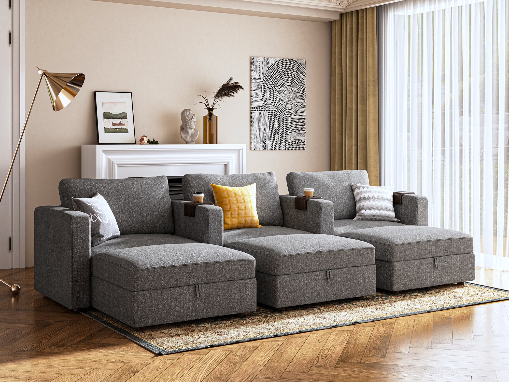 HONBAY 6-Piece Polyester Modular Sleeper Sectional With Storage Seat