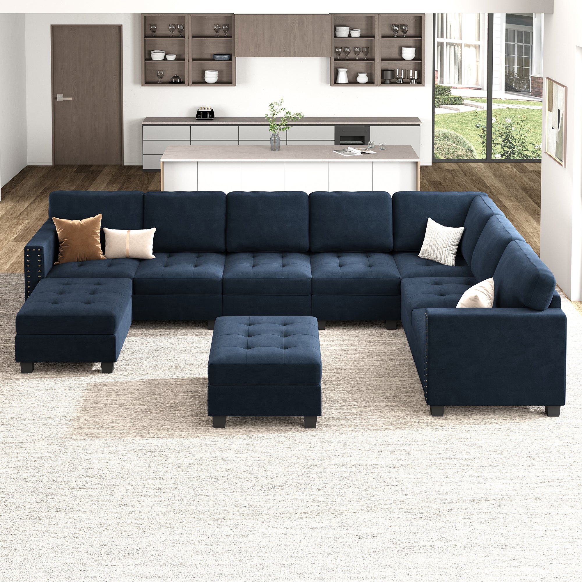 HONBAY Velvet Sectional Couch, U Shaped Sectional Sofa with Chaise Modular Sectional with Storage Ottoman for Living Room #Color_Dark Blue