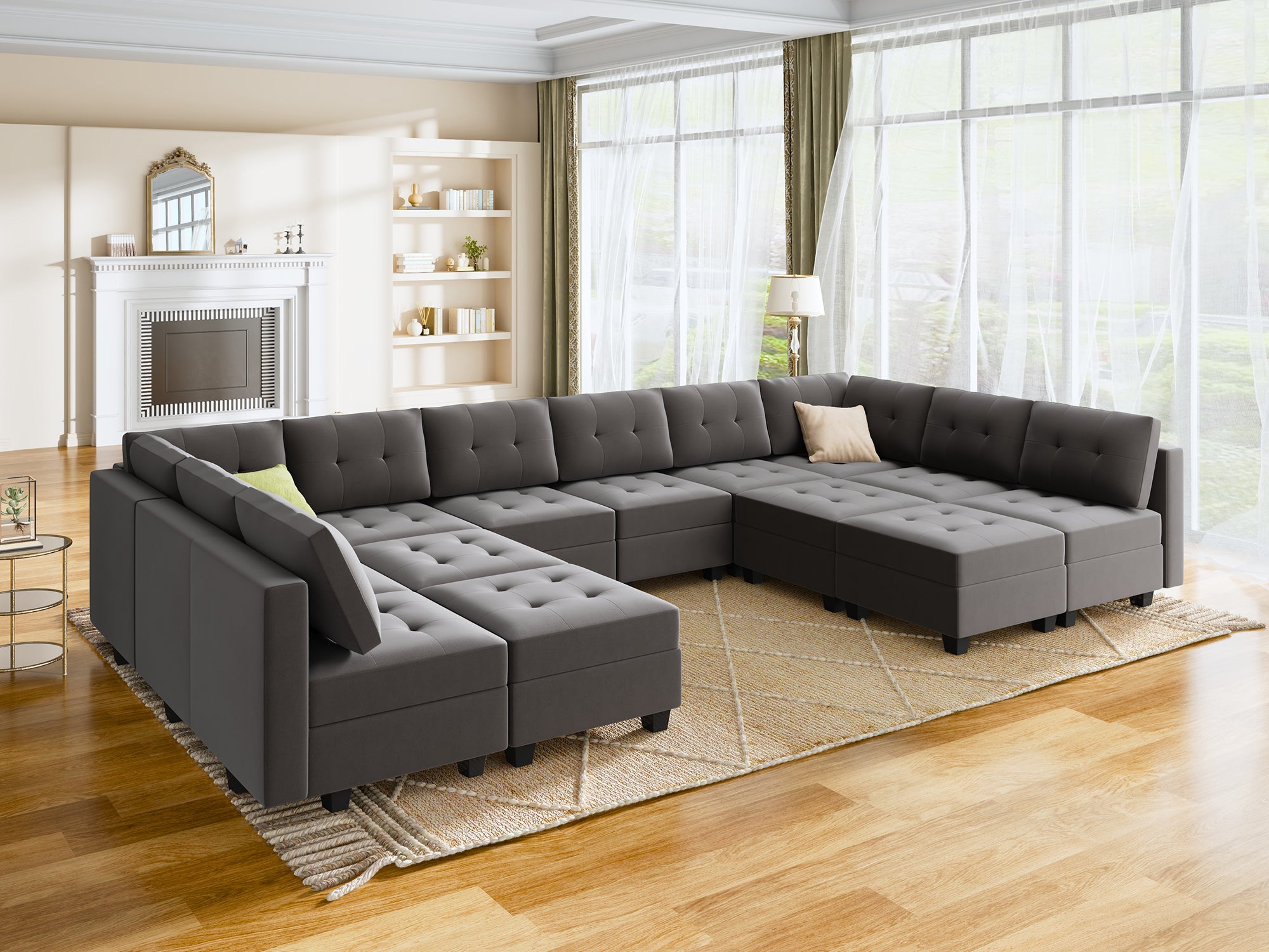 HONBAY 14-Piece Velvet Modular Sleeper Sectional Sofa With Storage Seat